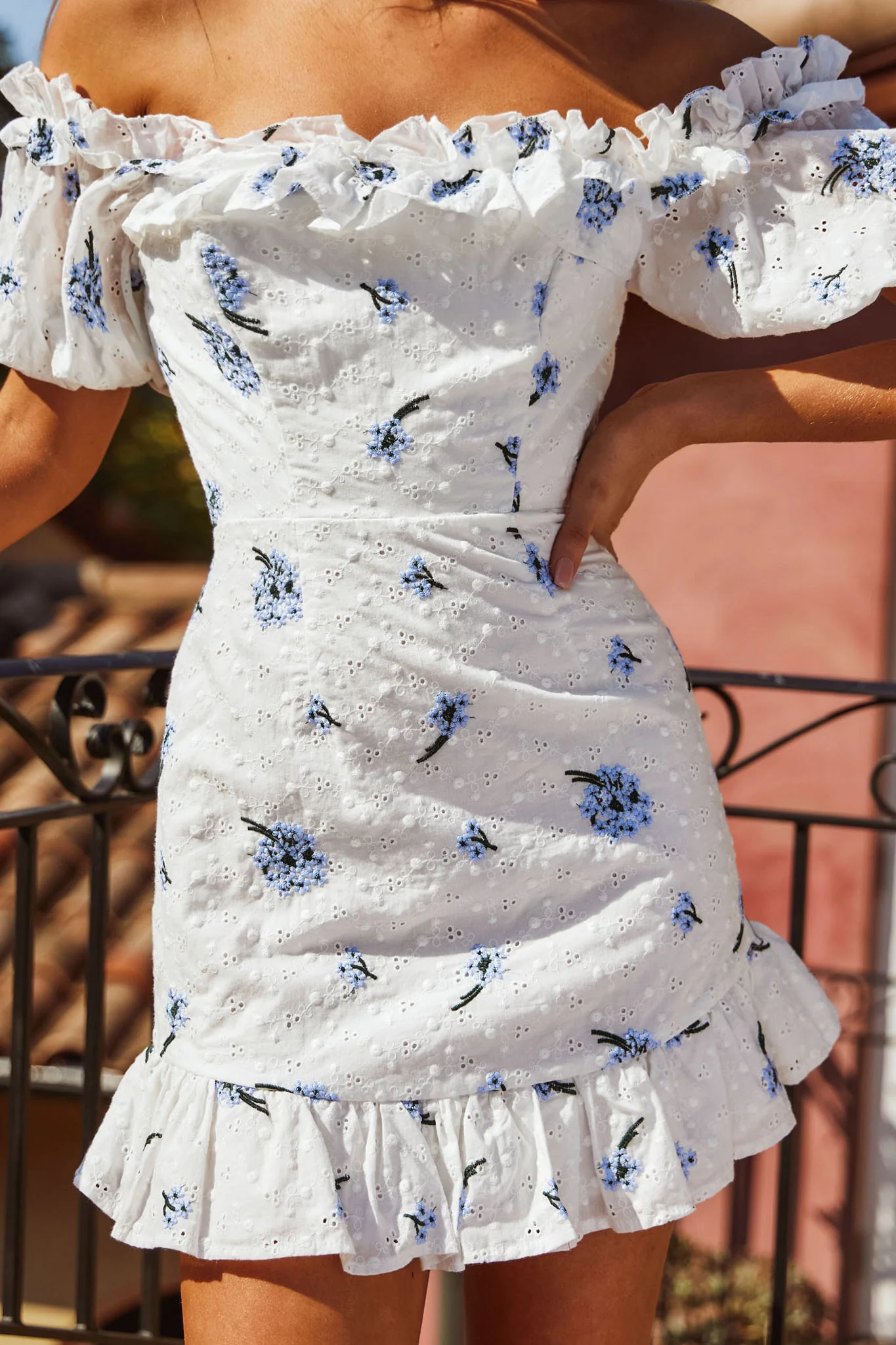 Morning Song Off-Shoulder Frill Trim Embroidery Dress Floral Print Blue - Image 4