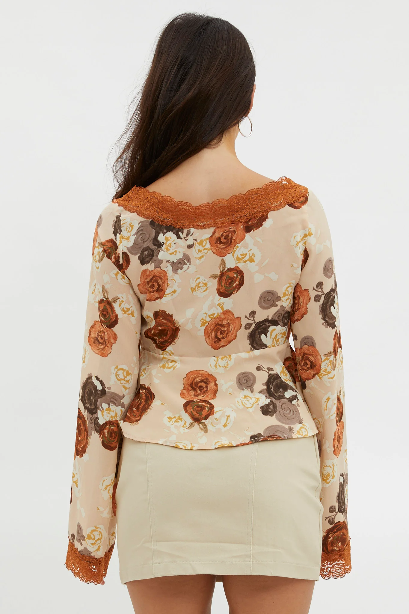 Moxie Tie Front Lace Trim Top Brown - Image 3