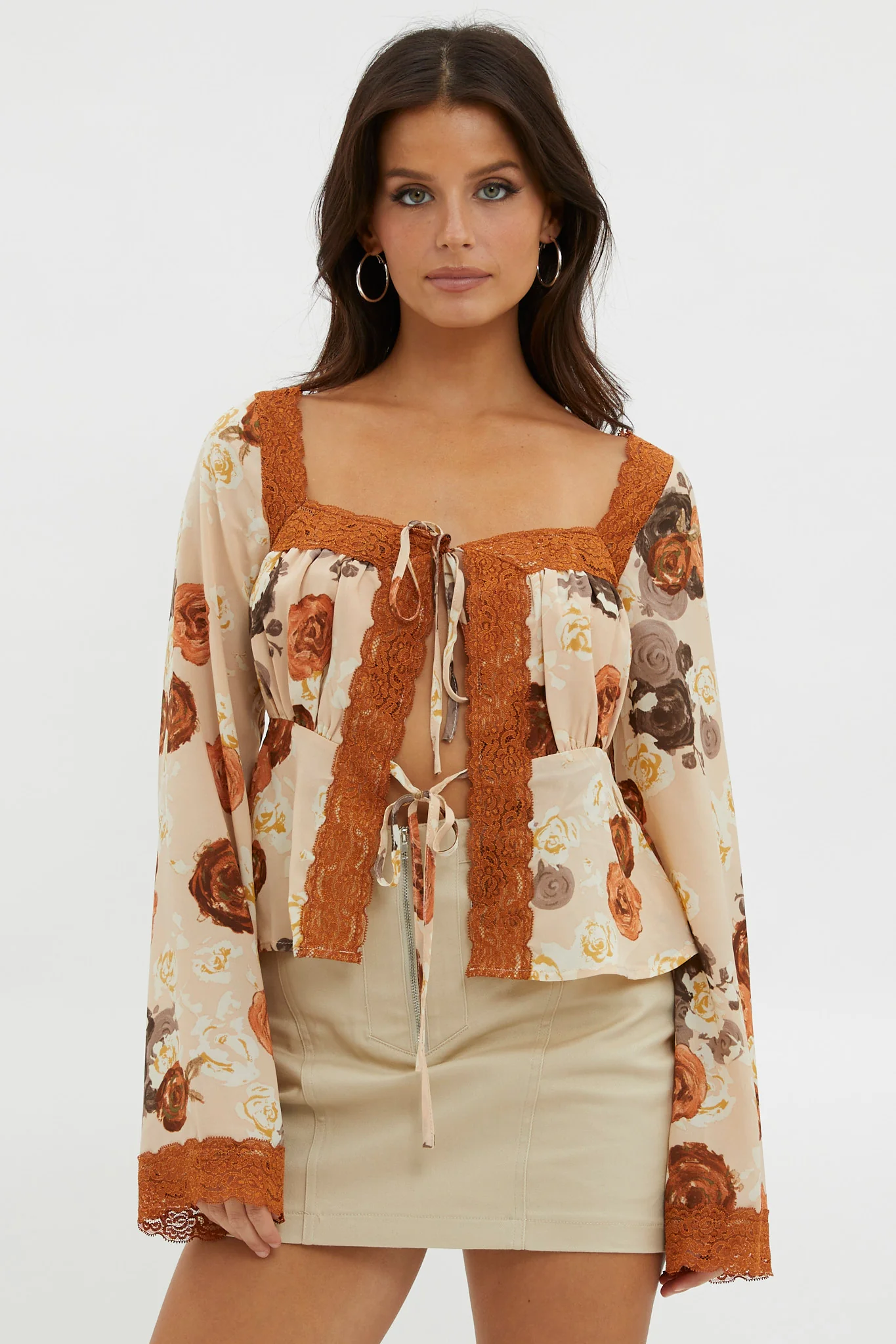 Moxie Tie Front Lace Trim Top Brown - Image 4