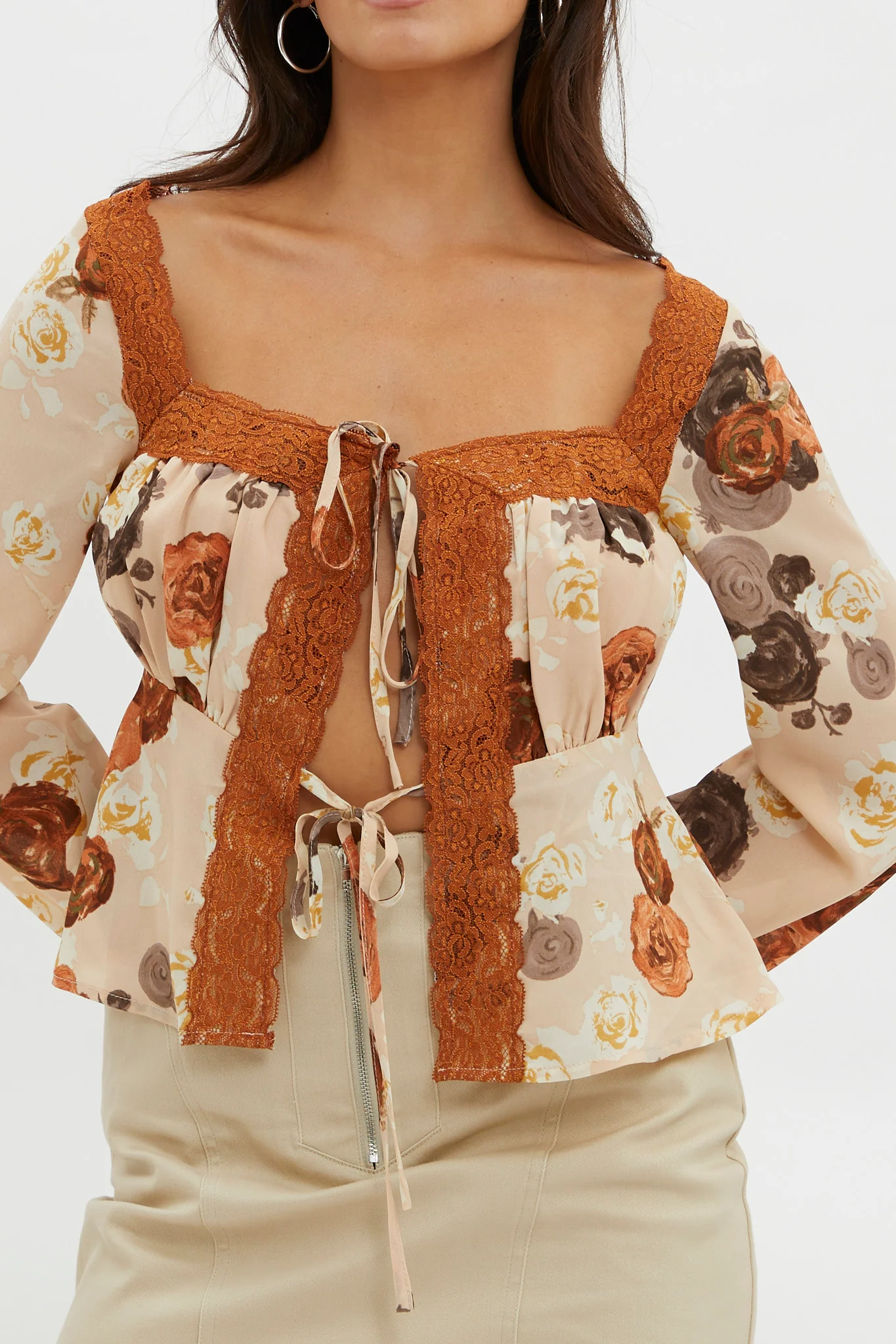 Moxie Tie Front Lace Trim Top Brown - Image 5