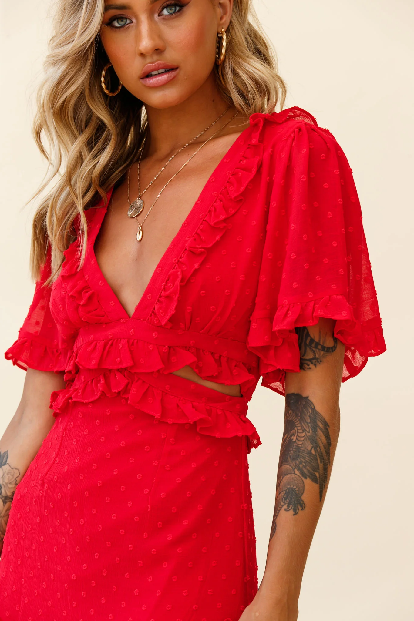 My Belle Cut-Out Detail Frill Accent Dress Red - Image 4