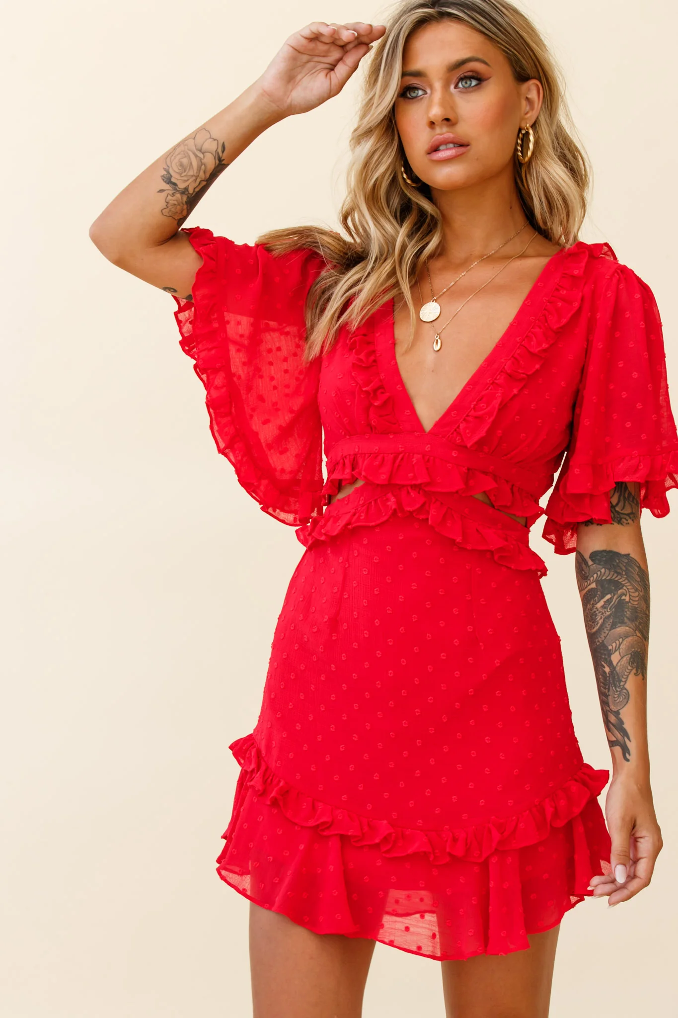My Belle Cut-Out Detail Frill Accent Dress Red - Image 5