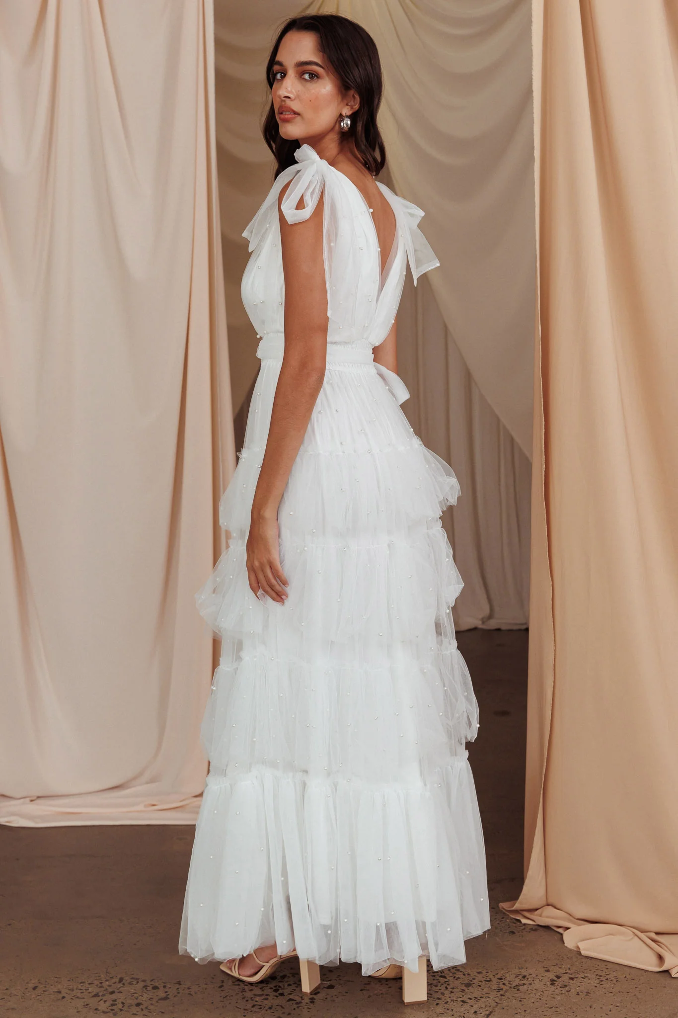 My Fair Lady Bow Shoulder Pearl Maxi Dress White - Image 2