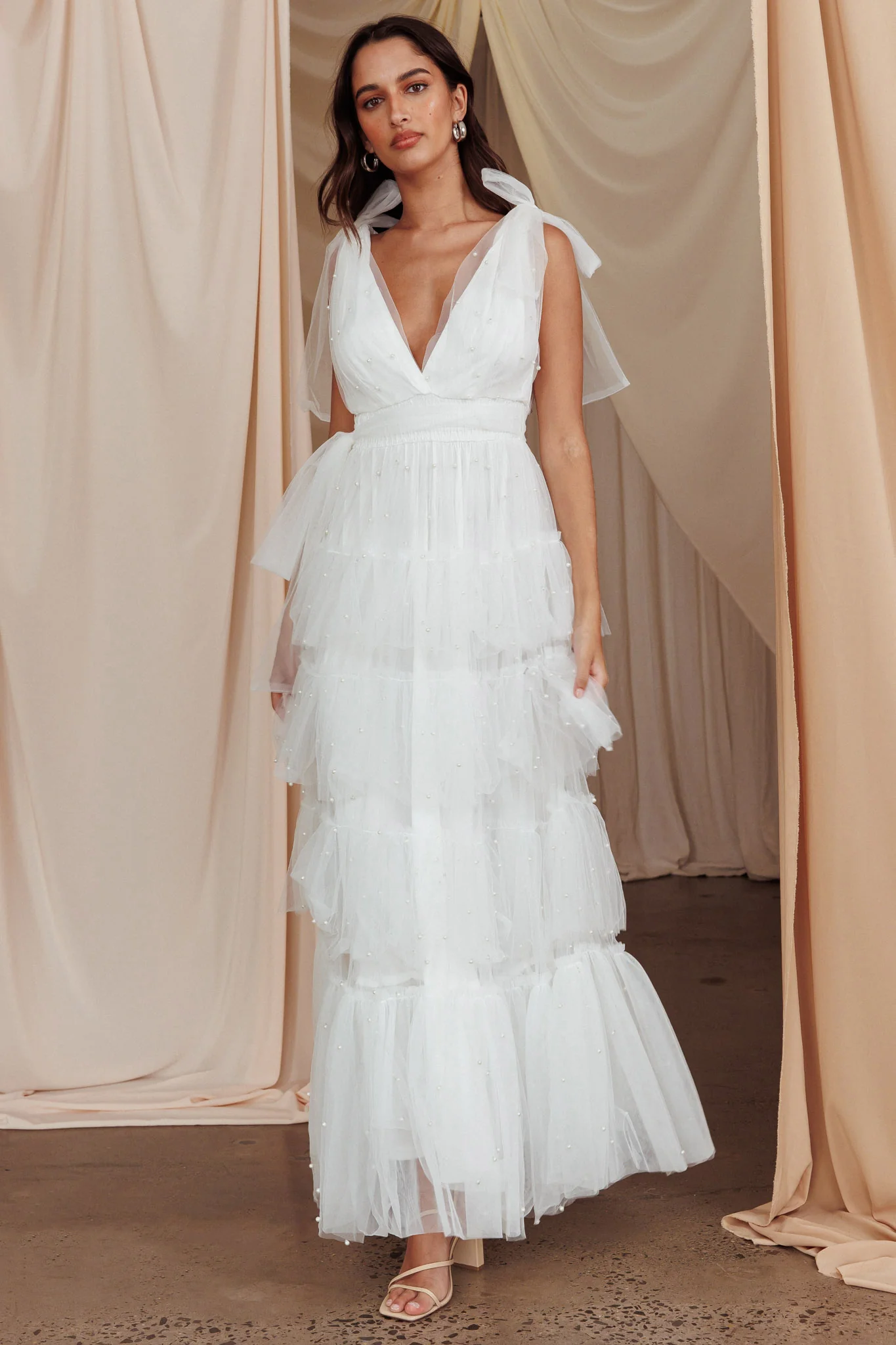 My Fair Lady Bow Shoulder Pearl Maxi Dress White - Image 3
