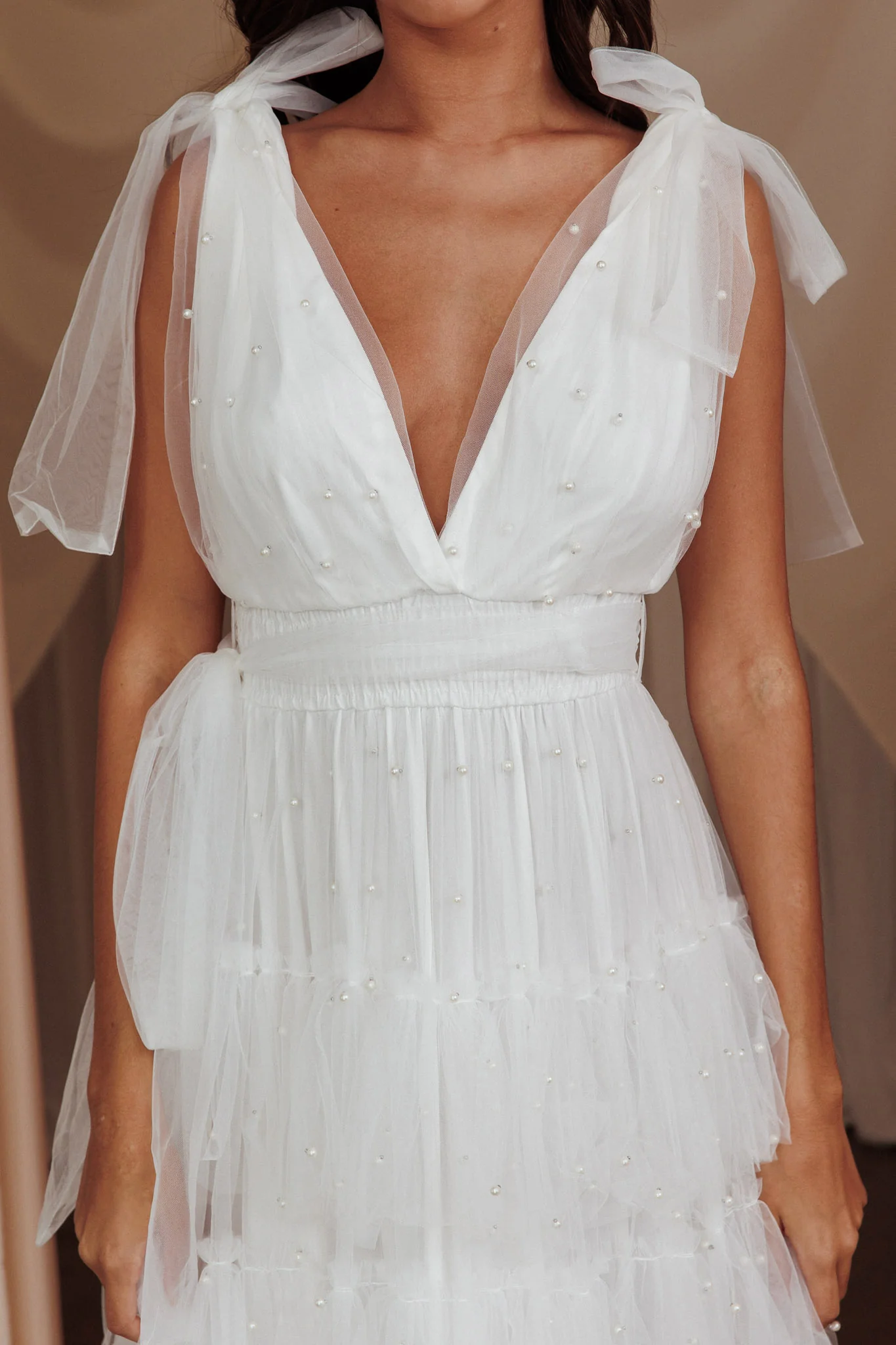My Fair Lady Bow Shoulder Pearl Maxi Dress White - Image 4