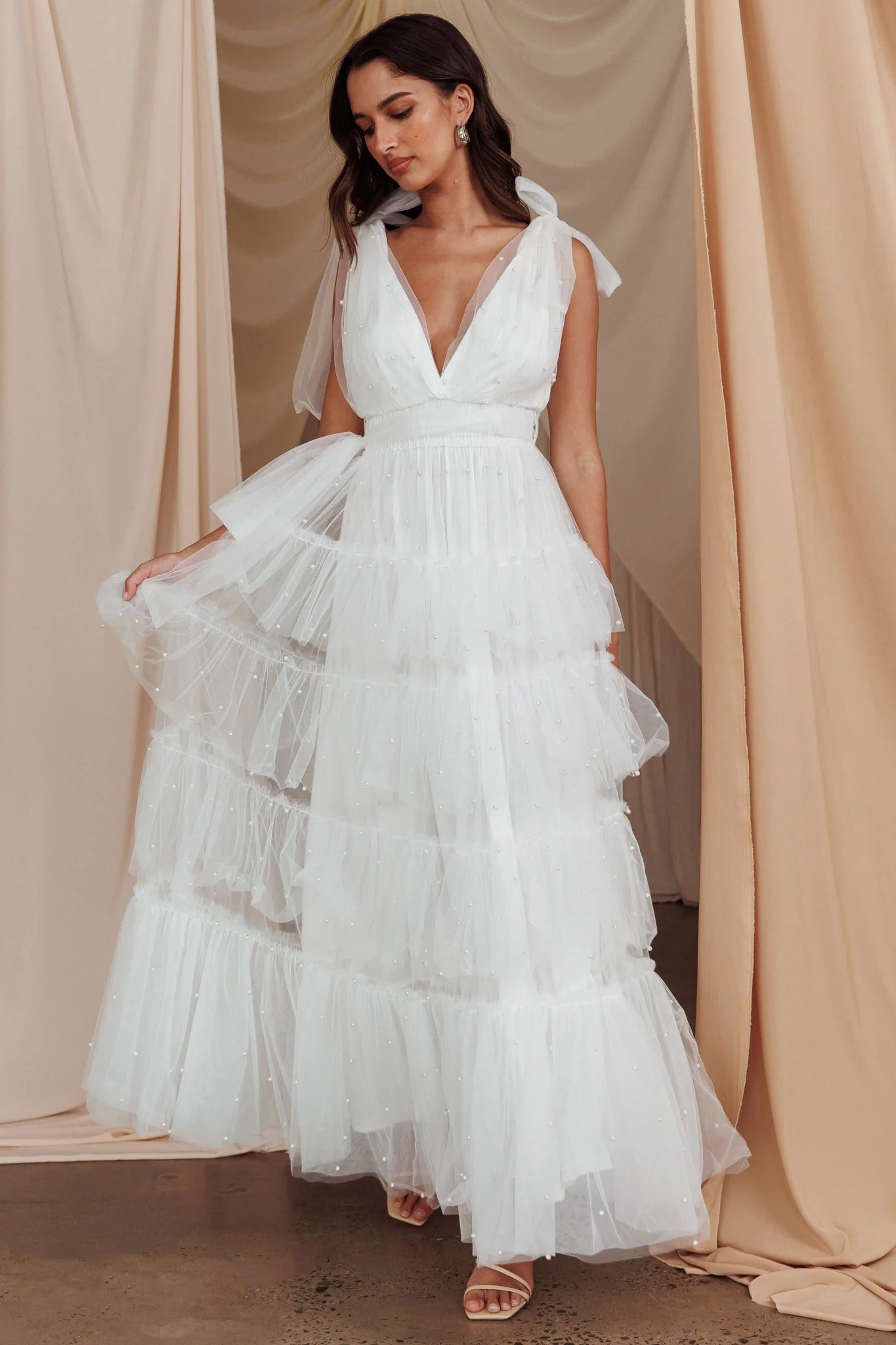 My Fair Lady Bow Shoulder Pearl Maxi Dress White - Image 5