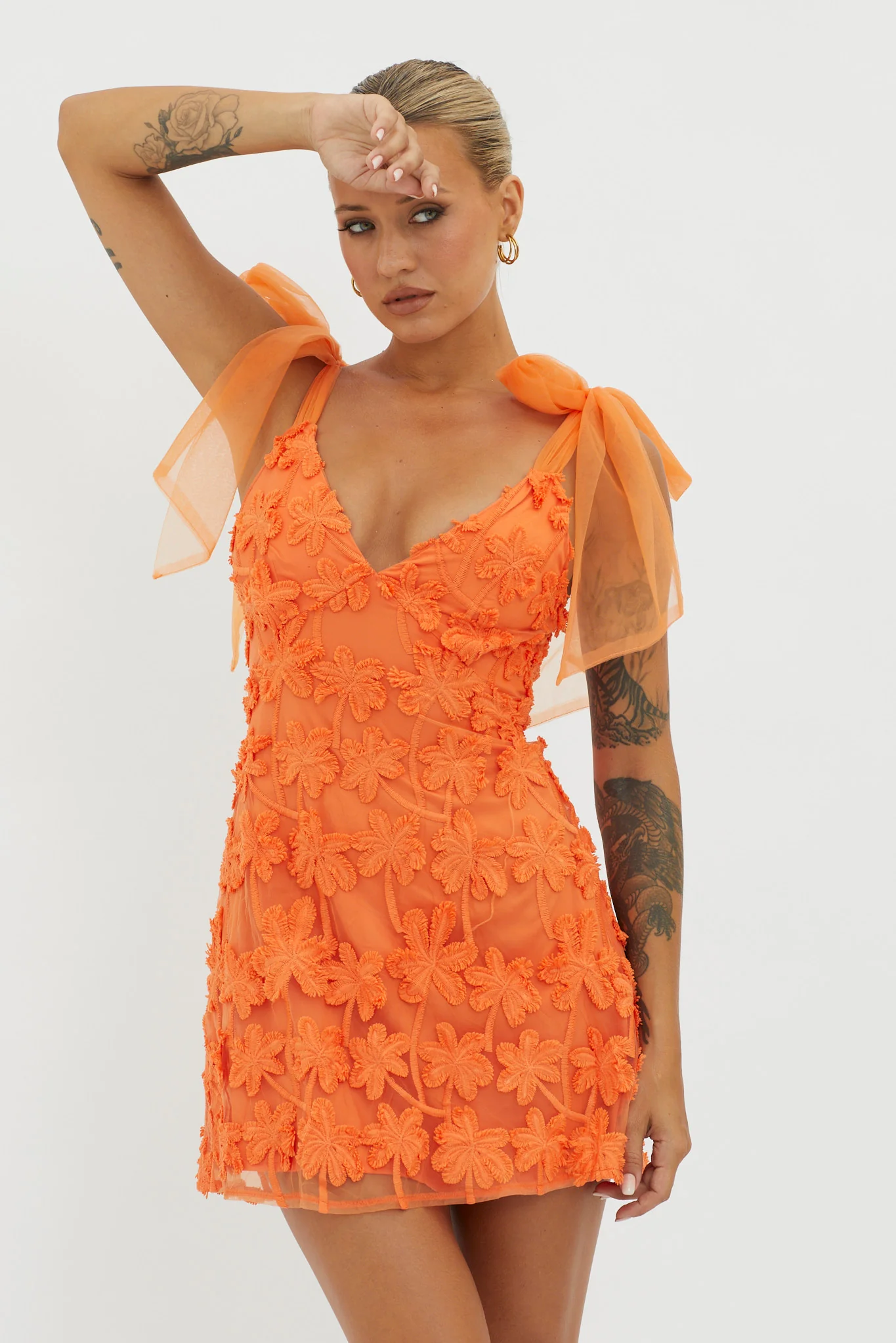 Mykonos Morning Tied Shoulder Embellished Mini Dress Orange - Image 2