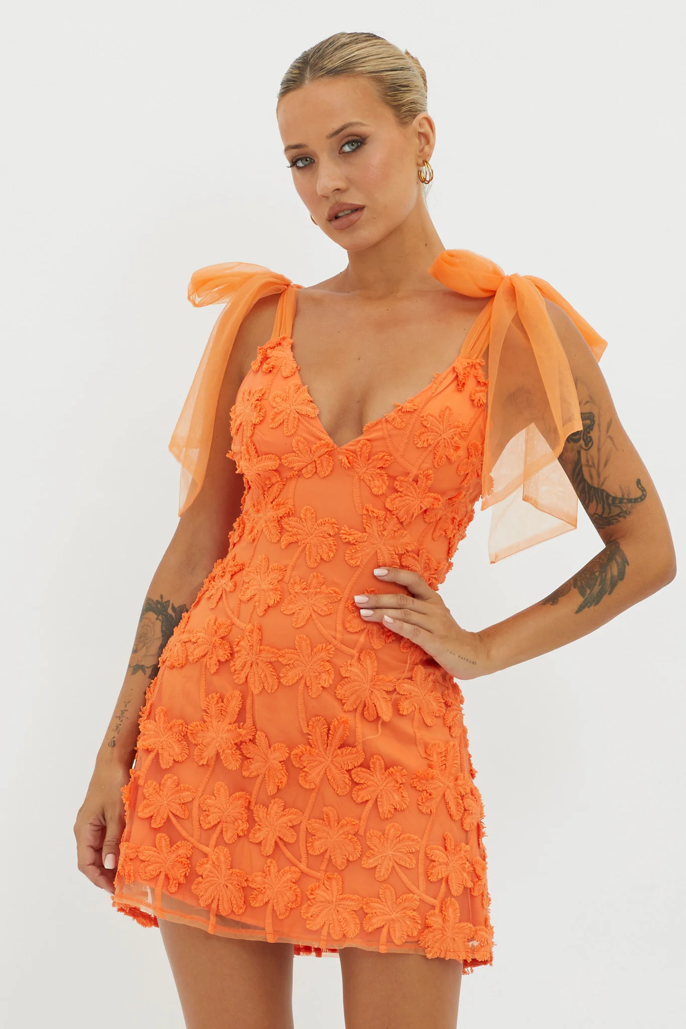 Mykonos Morning Tied Shoulder Embellished Mini Dress Orange - Image 4