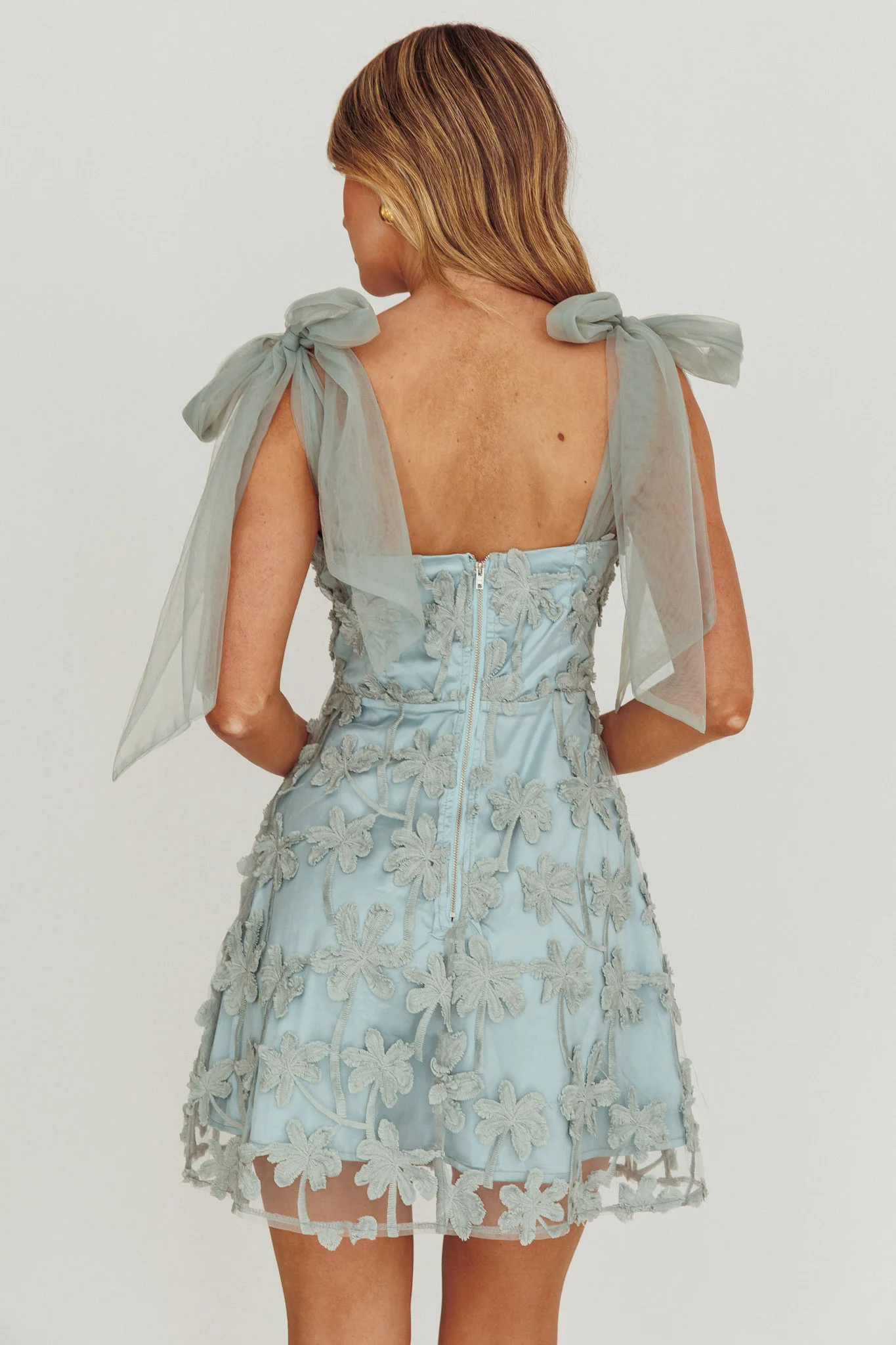 Mykonos Morning Tied Shoulder Embellished Mini Dress Sage - Image 4