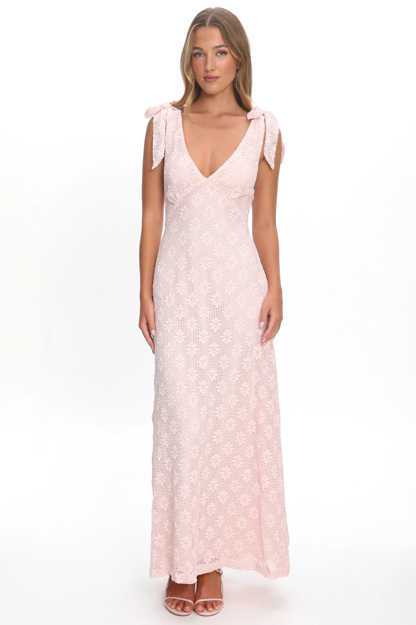 Mykonos Morning Tied Shoulder Maxi Dress Crochet Pink - Image 2