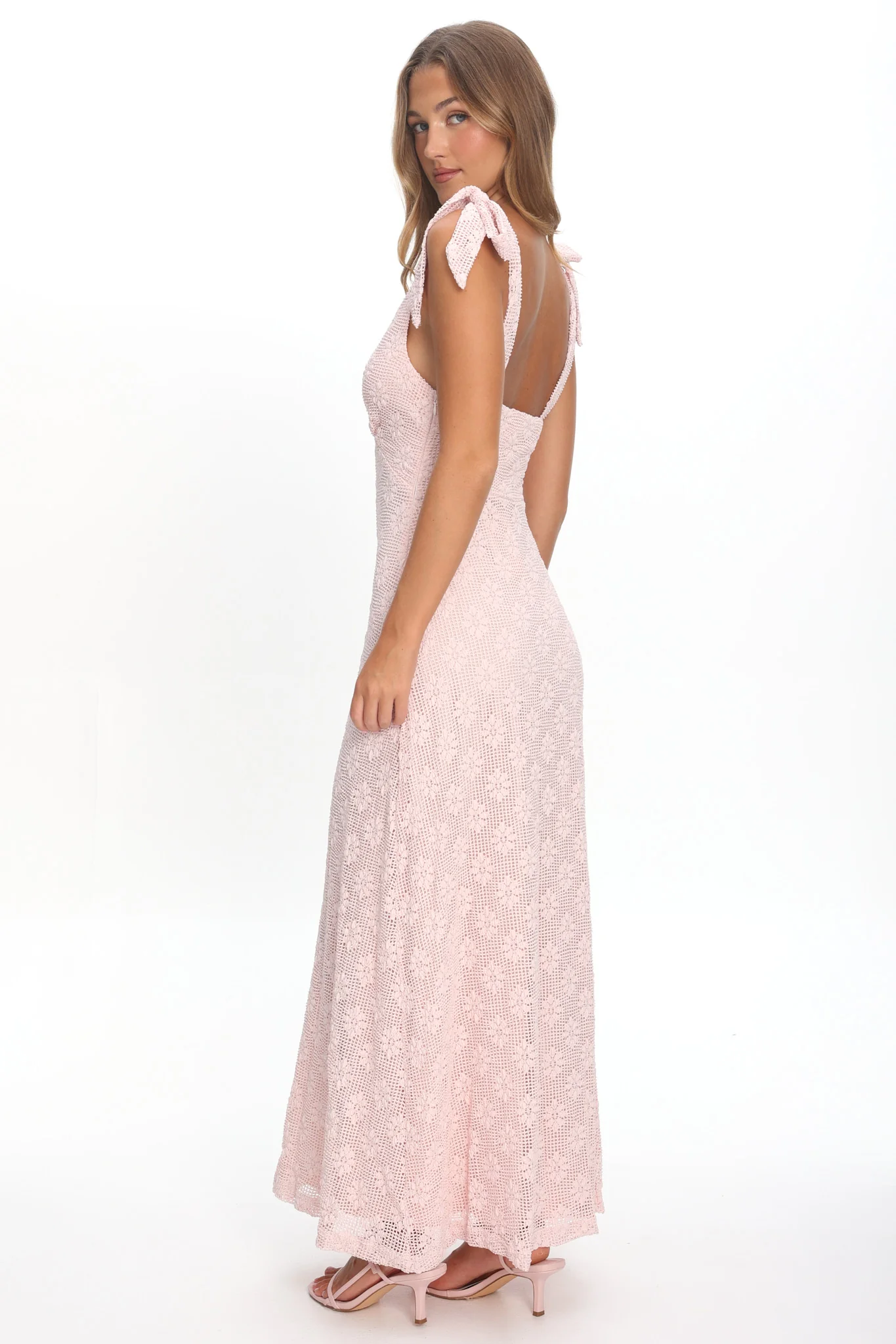 Mykonos Morning Tied Shoulder Maxi Dress Crochet Pink - Image 3