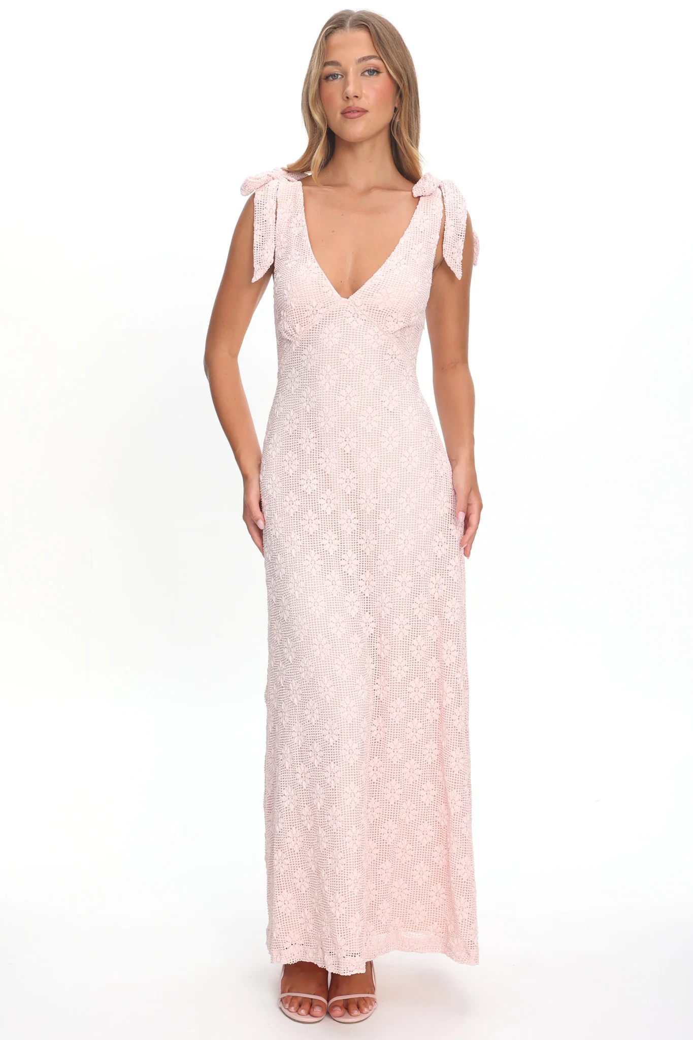 Mykonos Morning Tied Shoulder Maxi Dress Crochet Pink - Image 5