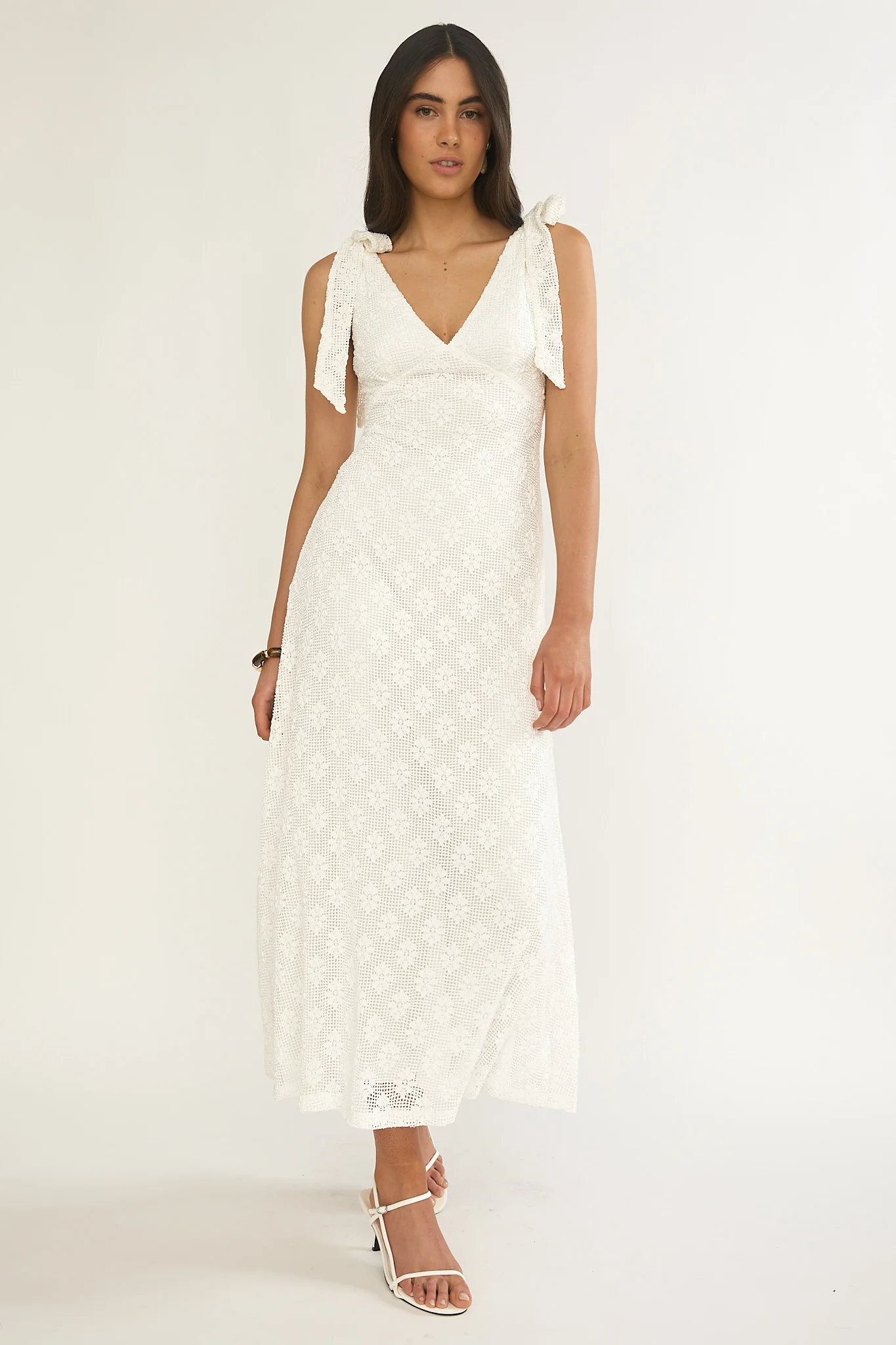 Mykonos Morning Tied Shoulder Maxi Dress Crochet White - Image 2