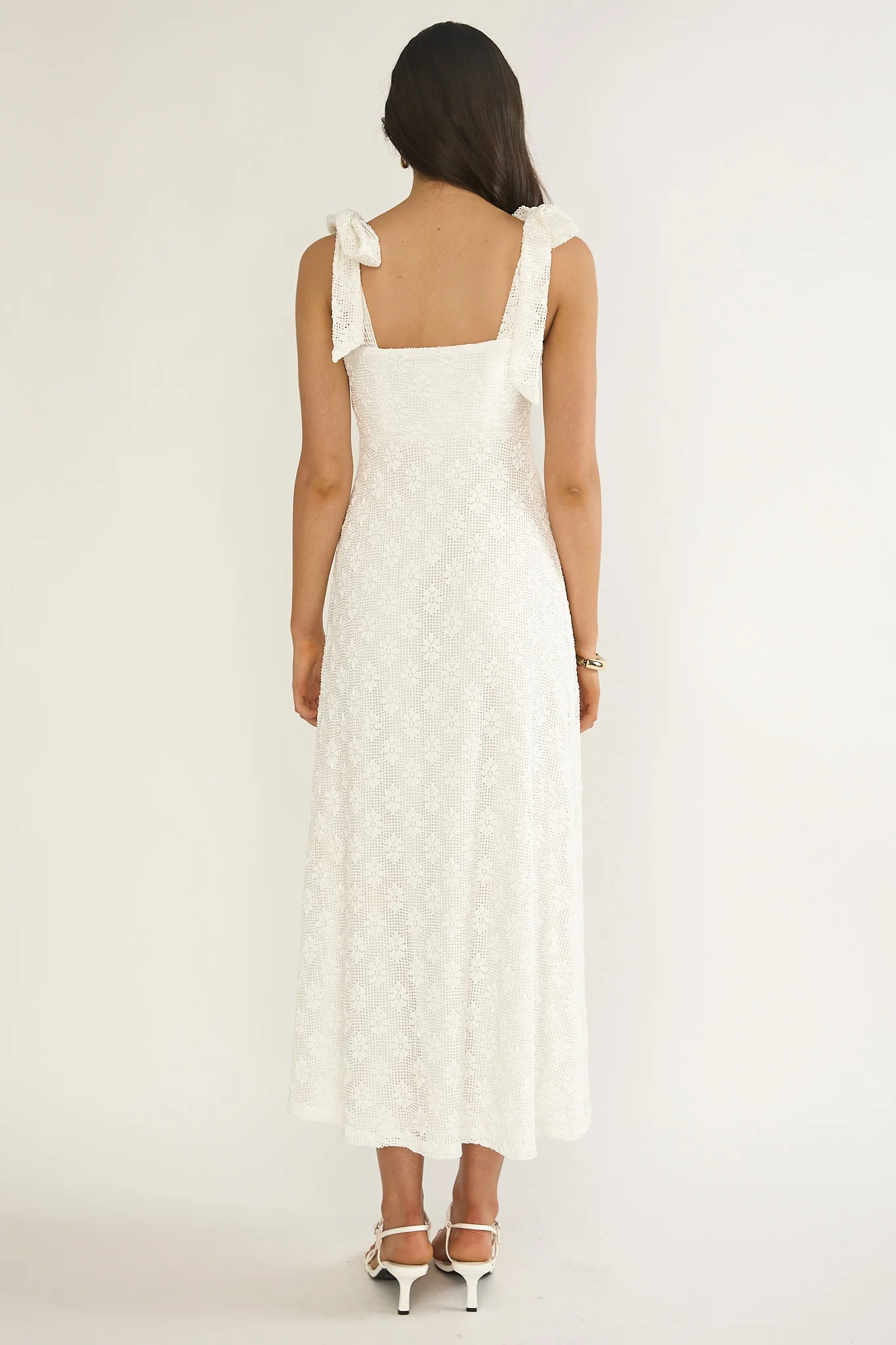 Mykonos Morning Tied Shoulder Maxi Dress Crochet White - Image 3