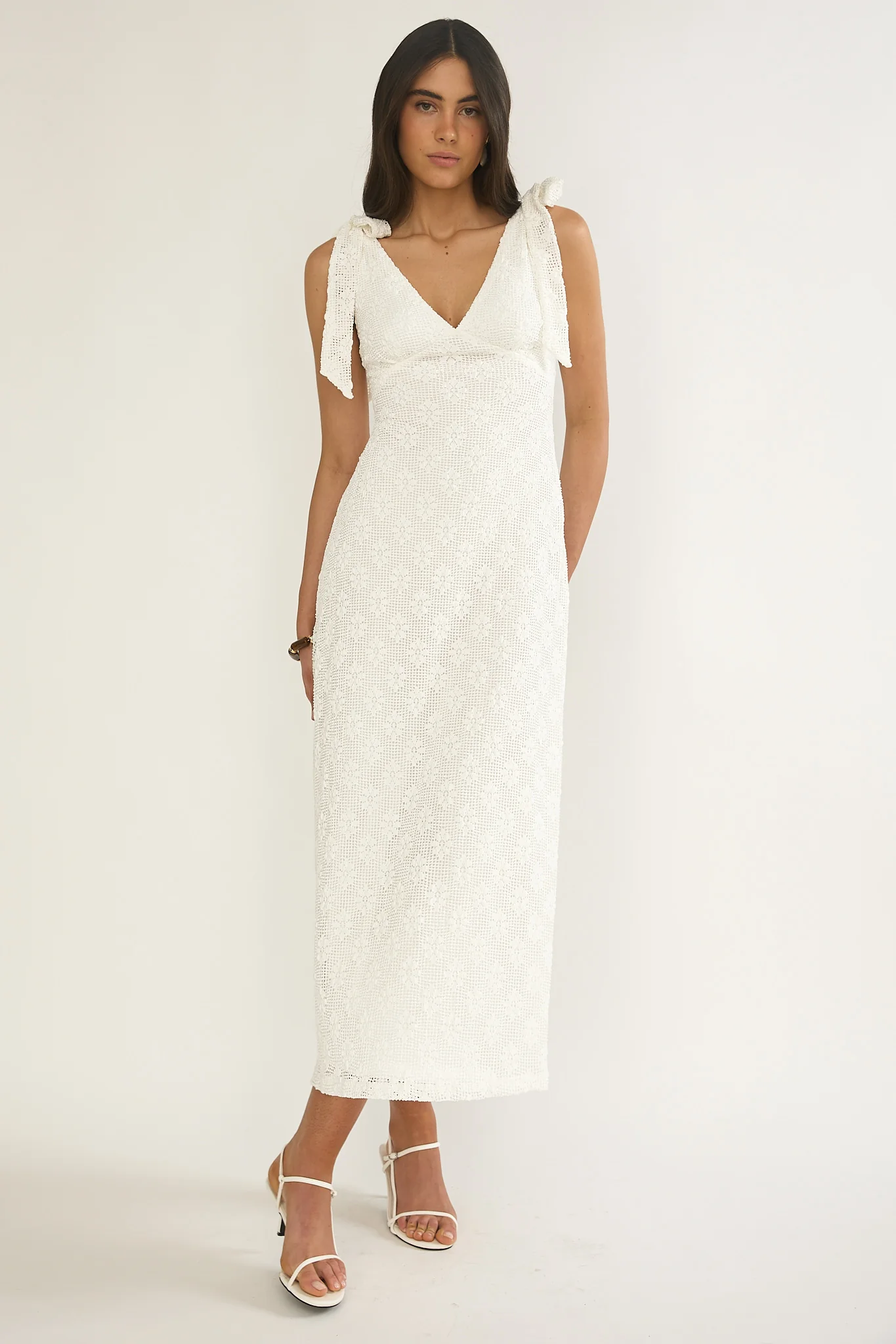 Mykonos Morning Tied Shoulder Maxi Dress Crochet White - Image 5