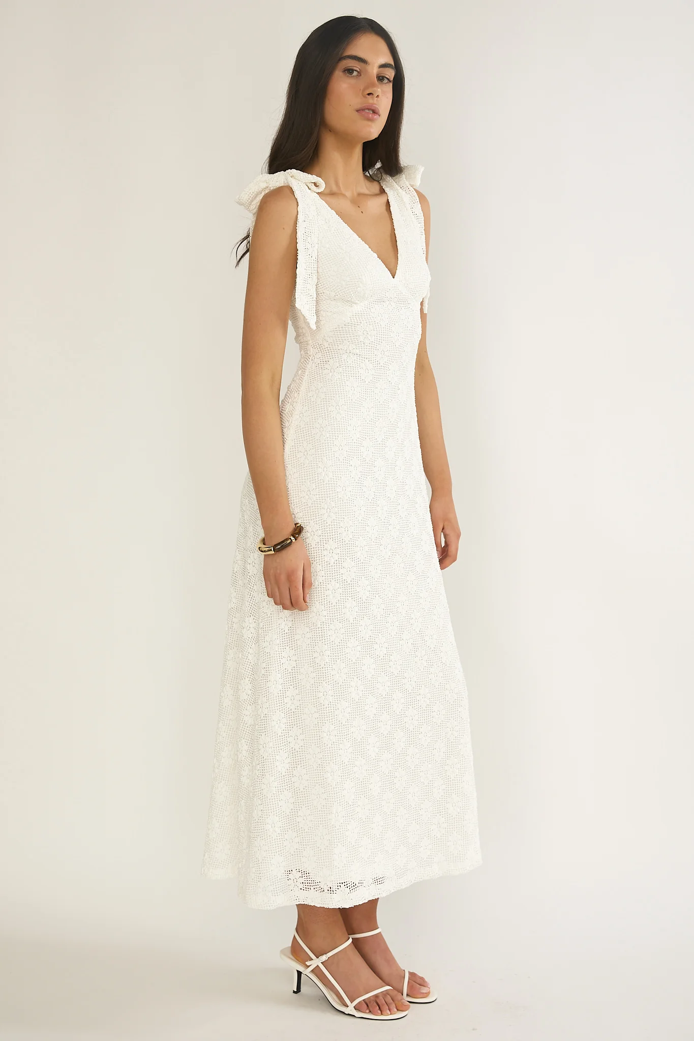 Mykonos Morning Tied Shoulder Maxi Dress Crochet White - Image 6