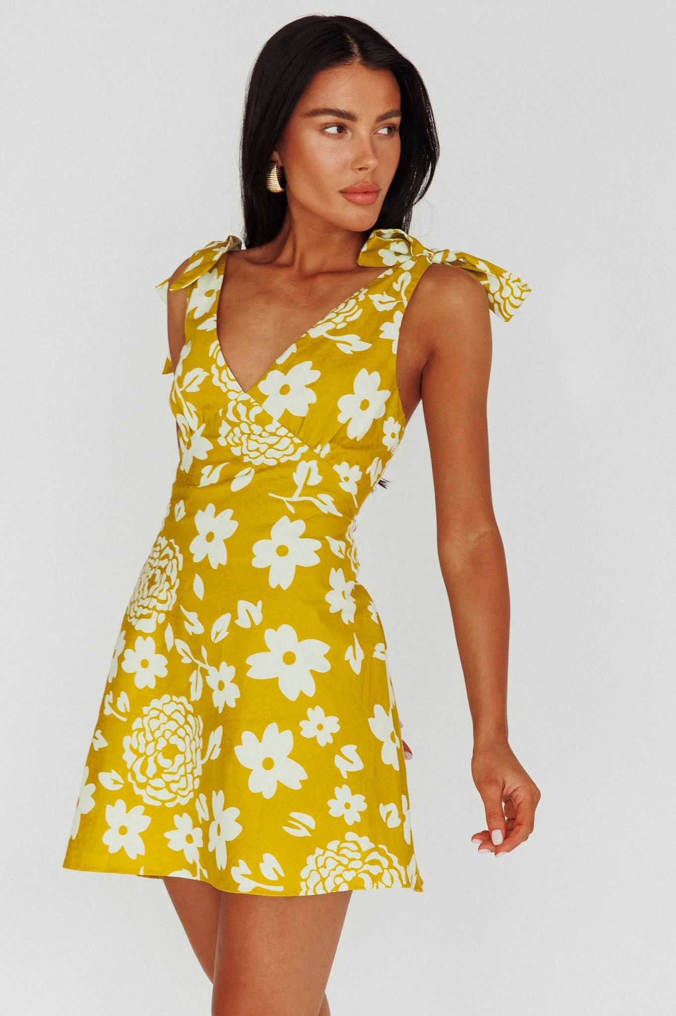 Mykonos Morning Tied Shoulder Mini Dress Floral Tan - Image 4