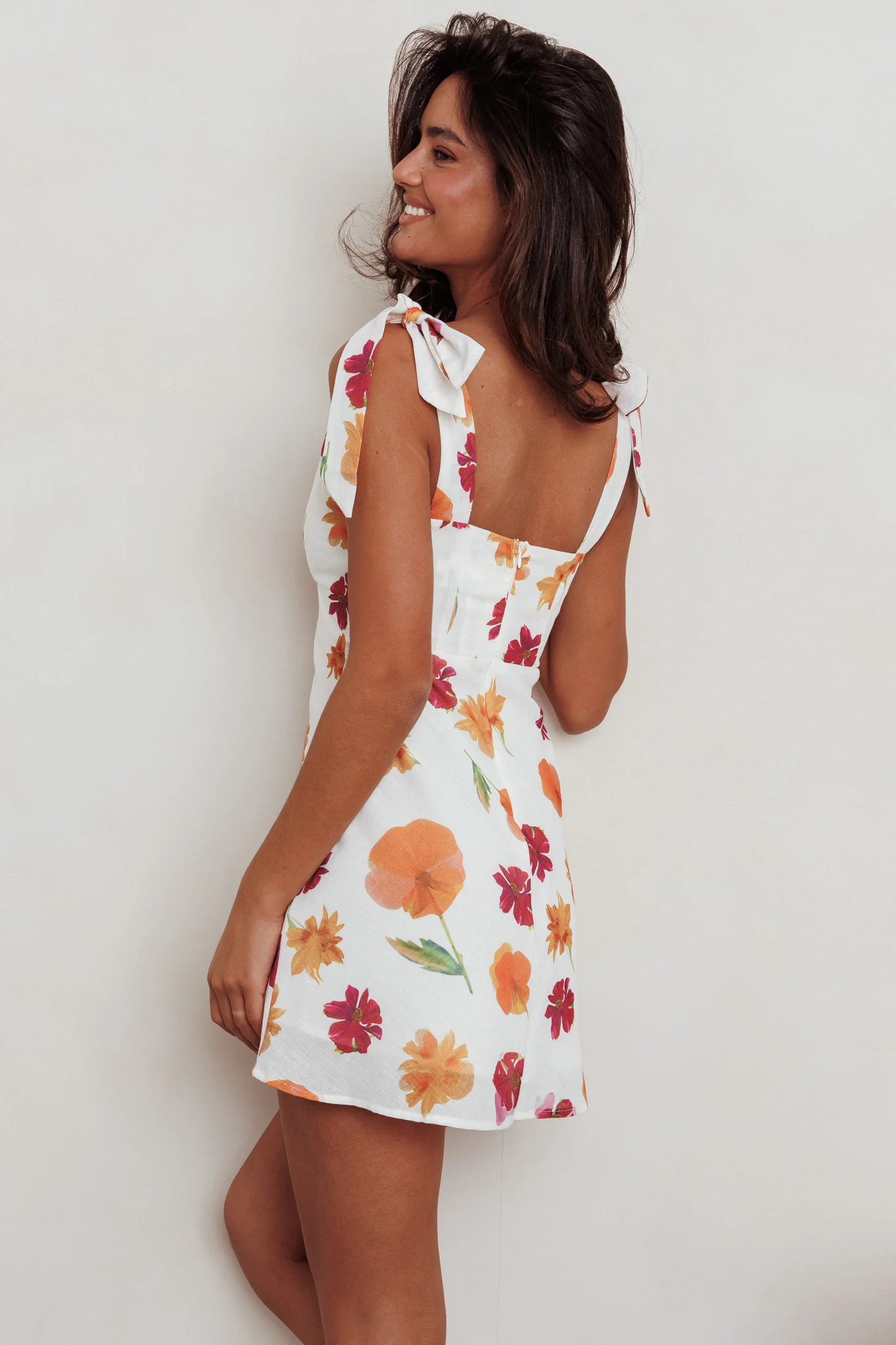 Mykonos Morning Tied Shoulder Mini Dress Flower Orange - Image 3