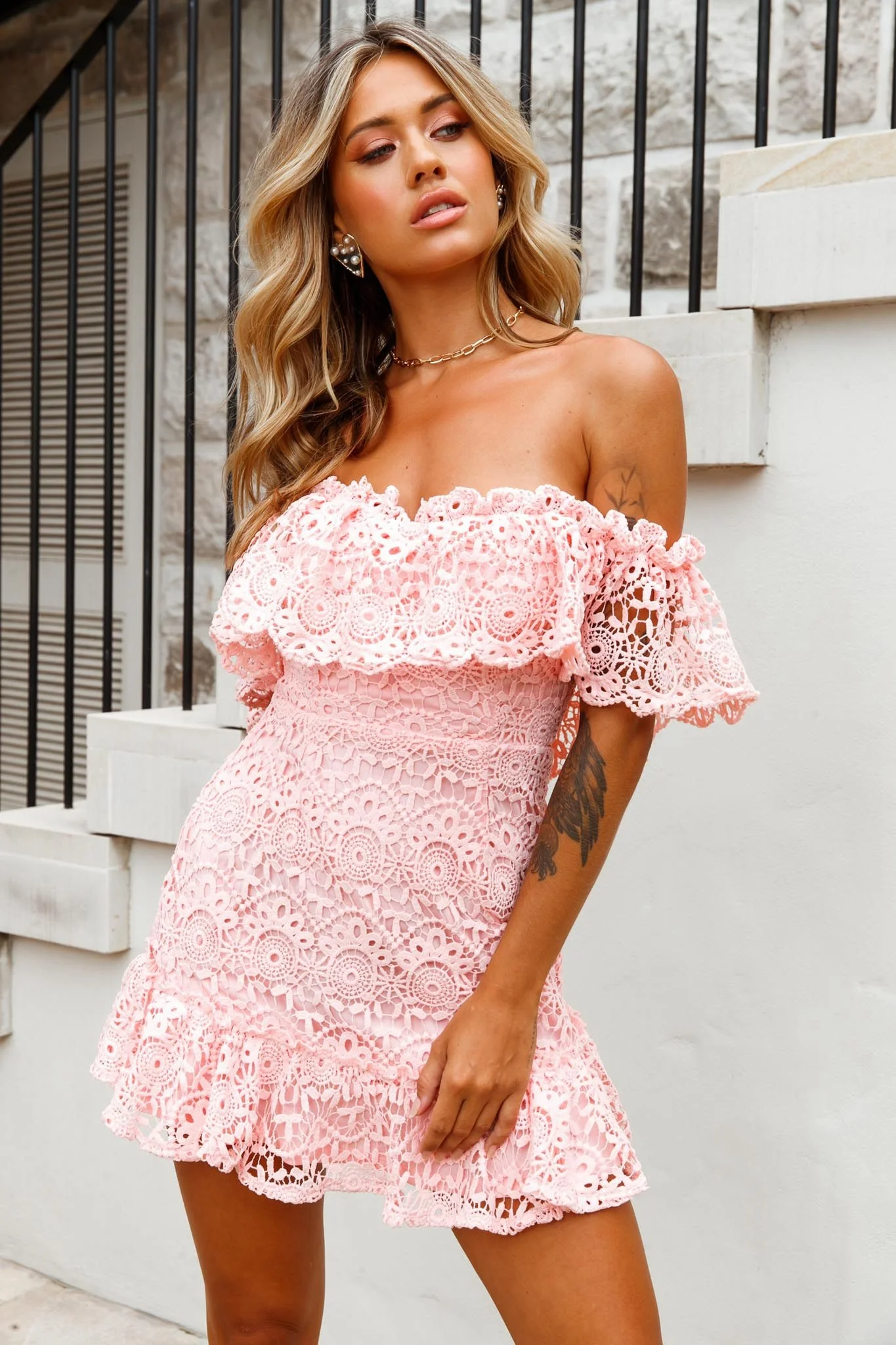 Mykonos Off-Shoulder Crochet Lace Dress Pink - Image 4