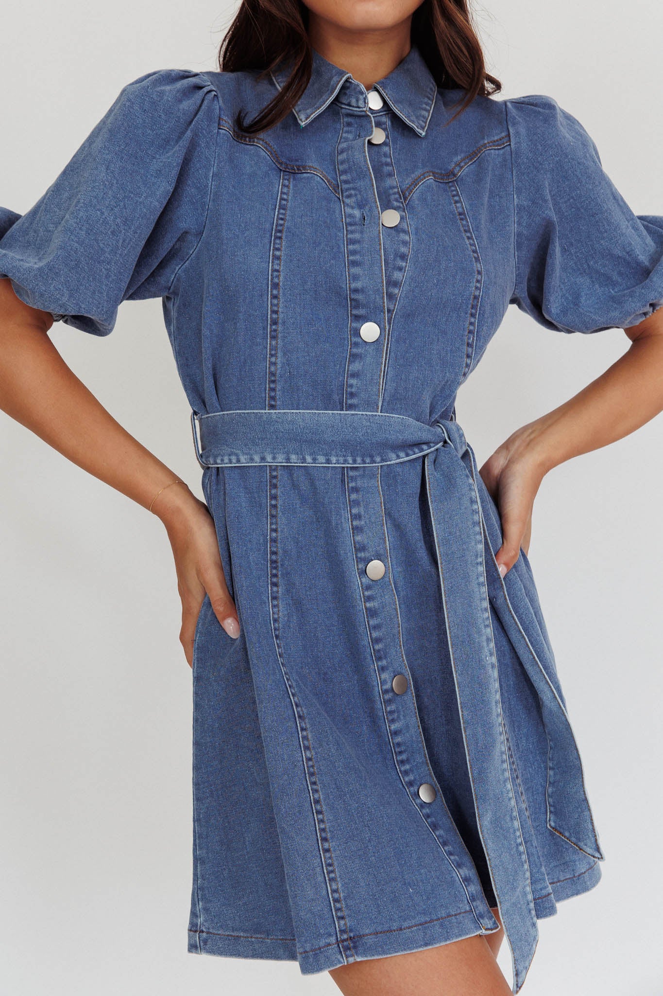 Myleigh Puff Sleeve Waist Tie Mini Dress Denim Blue - Image 4