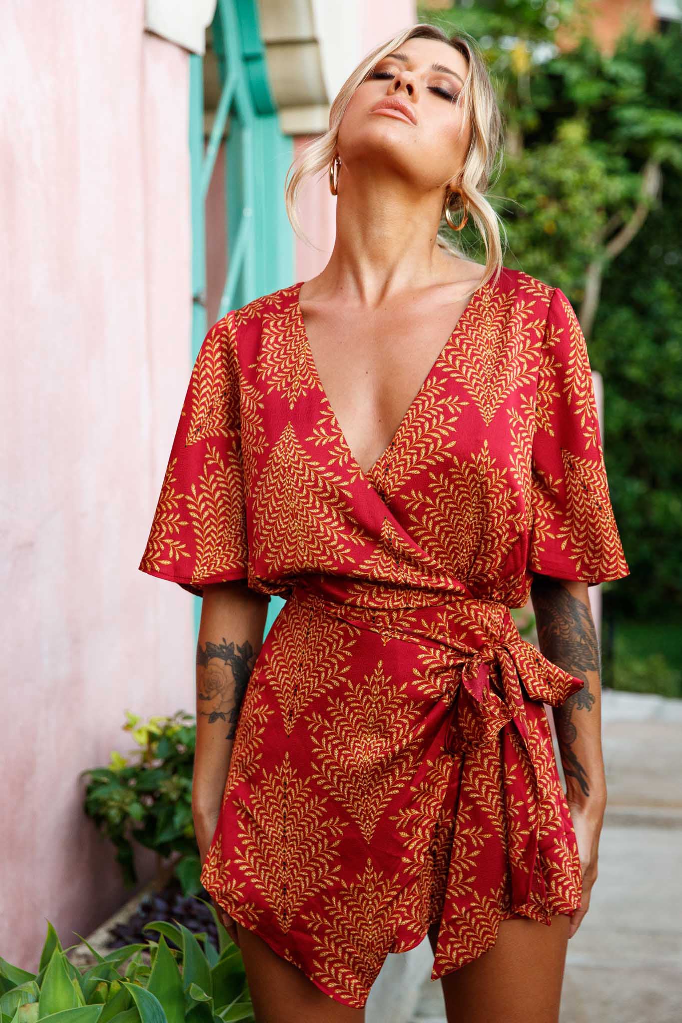 Nadi V-Neckline Wrap Romper Leaf Print Wine - Image 8