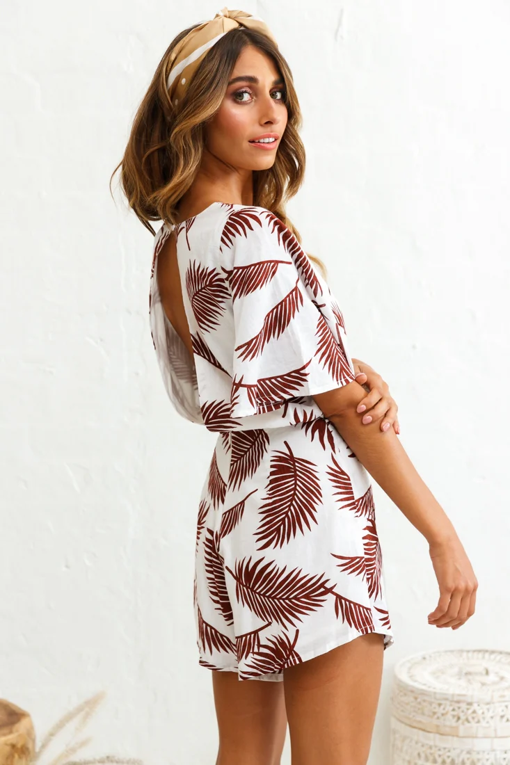 Nadi V-Neckline Wrap Romper Palm Print Wine - Image 4