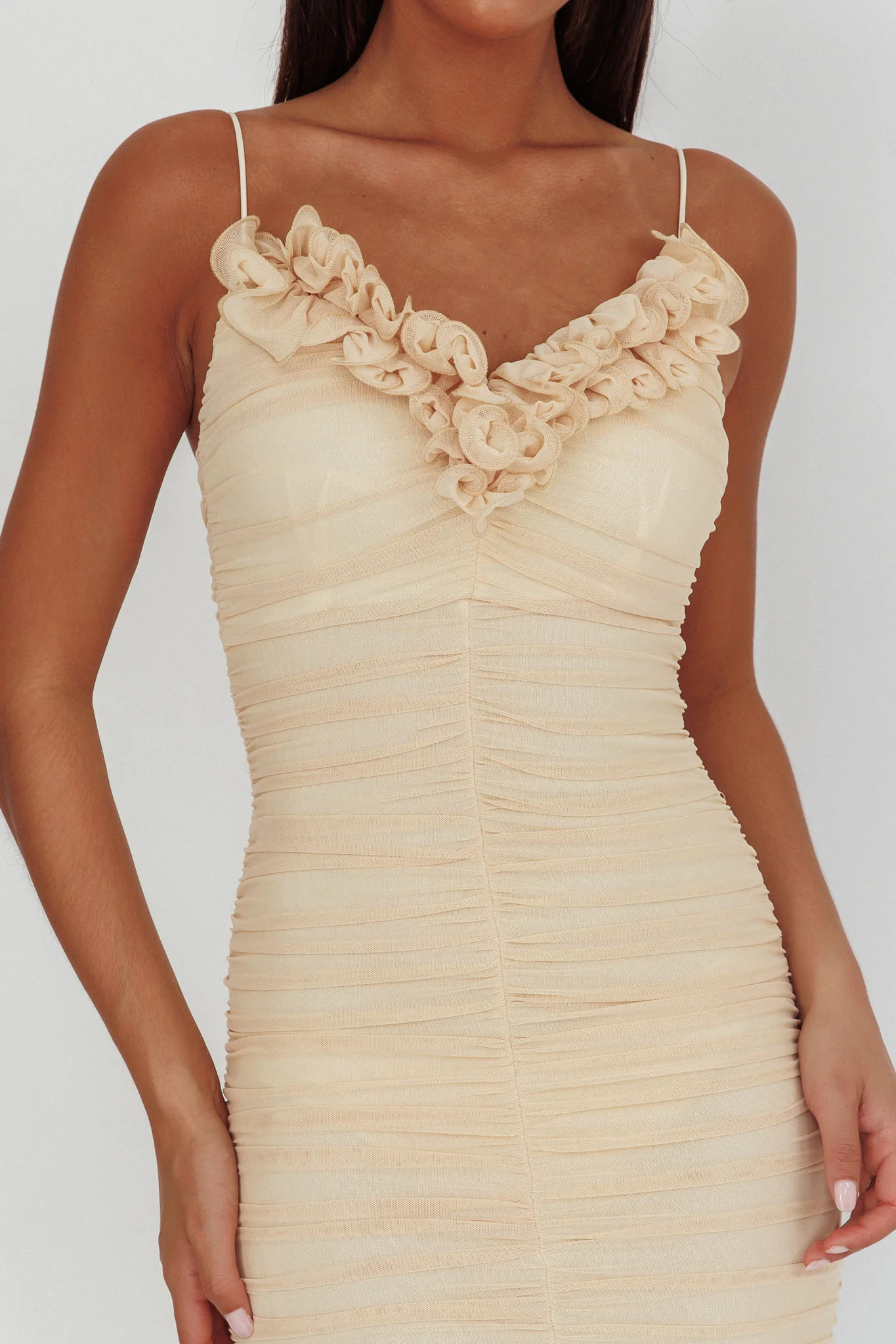 Nadia Ruffle Neckline Ruched Midi Dress Butter - Image 3