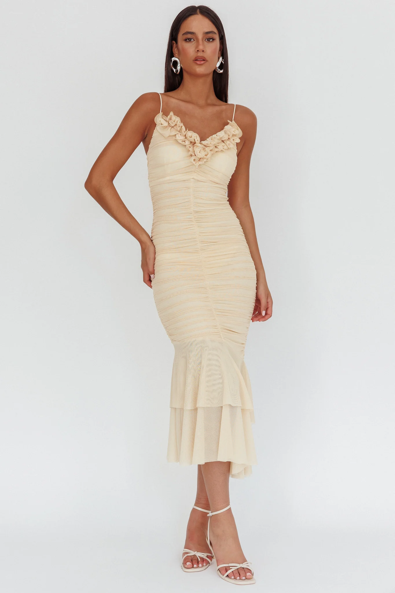 Nadia Ruffle Neckline Ruched Midi Dress Butter - Image 5