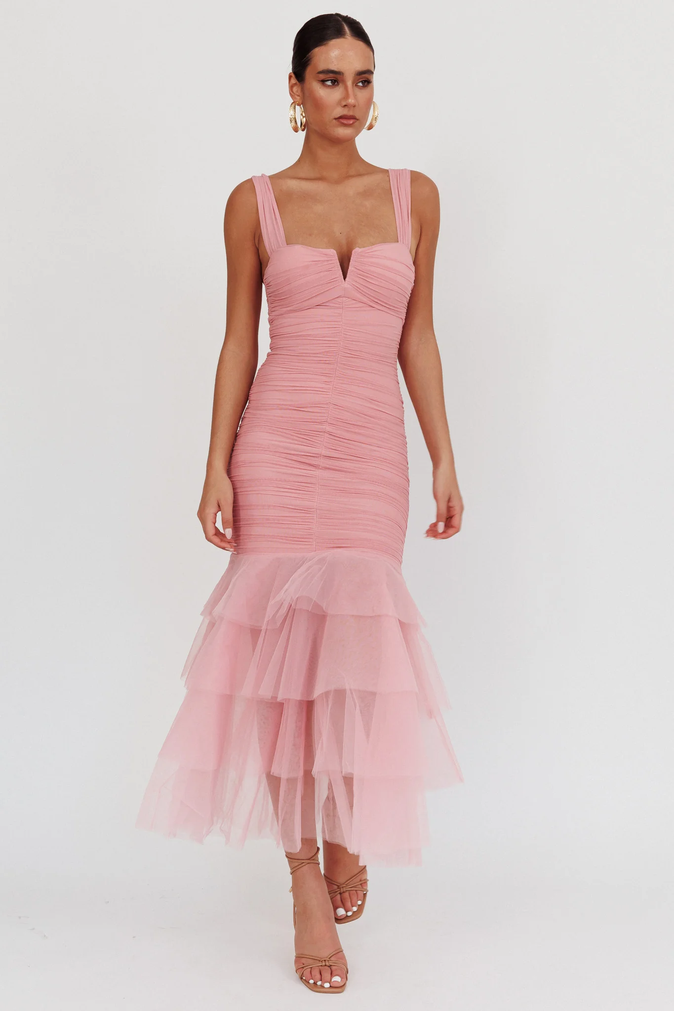Nadia Tulle Hem Ruched Maxi Dress Pink - Image 4