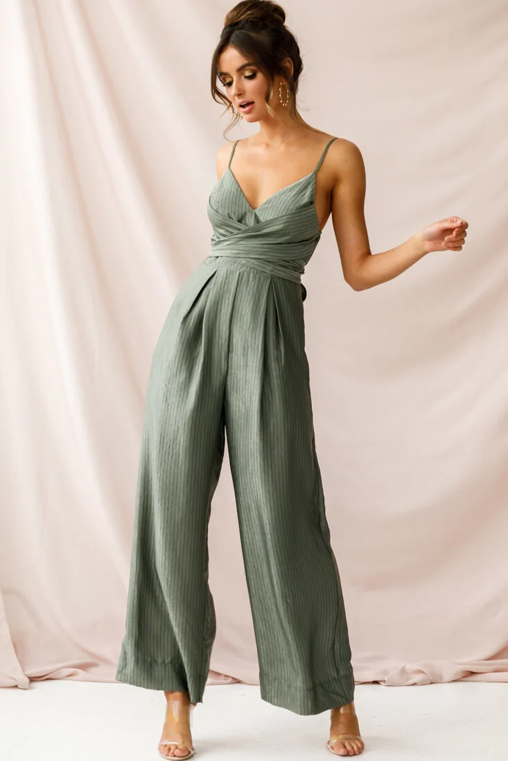 Nancy Wide Leg Pinstripe Jumpsuit Olive - Image 2