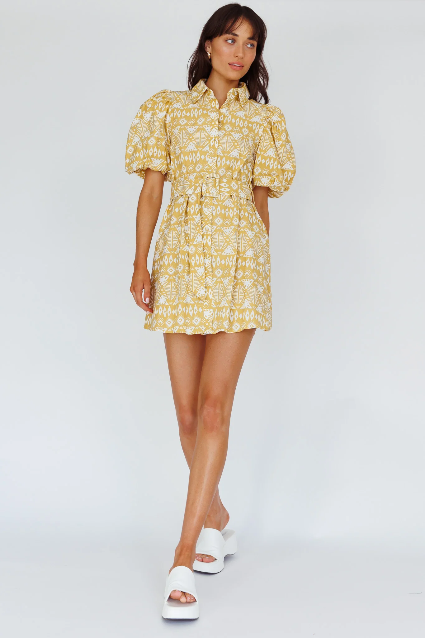 Nanette Puff Sleeve Belted Mini Dress Print Yellow - Image 3