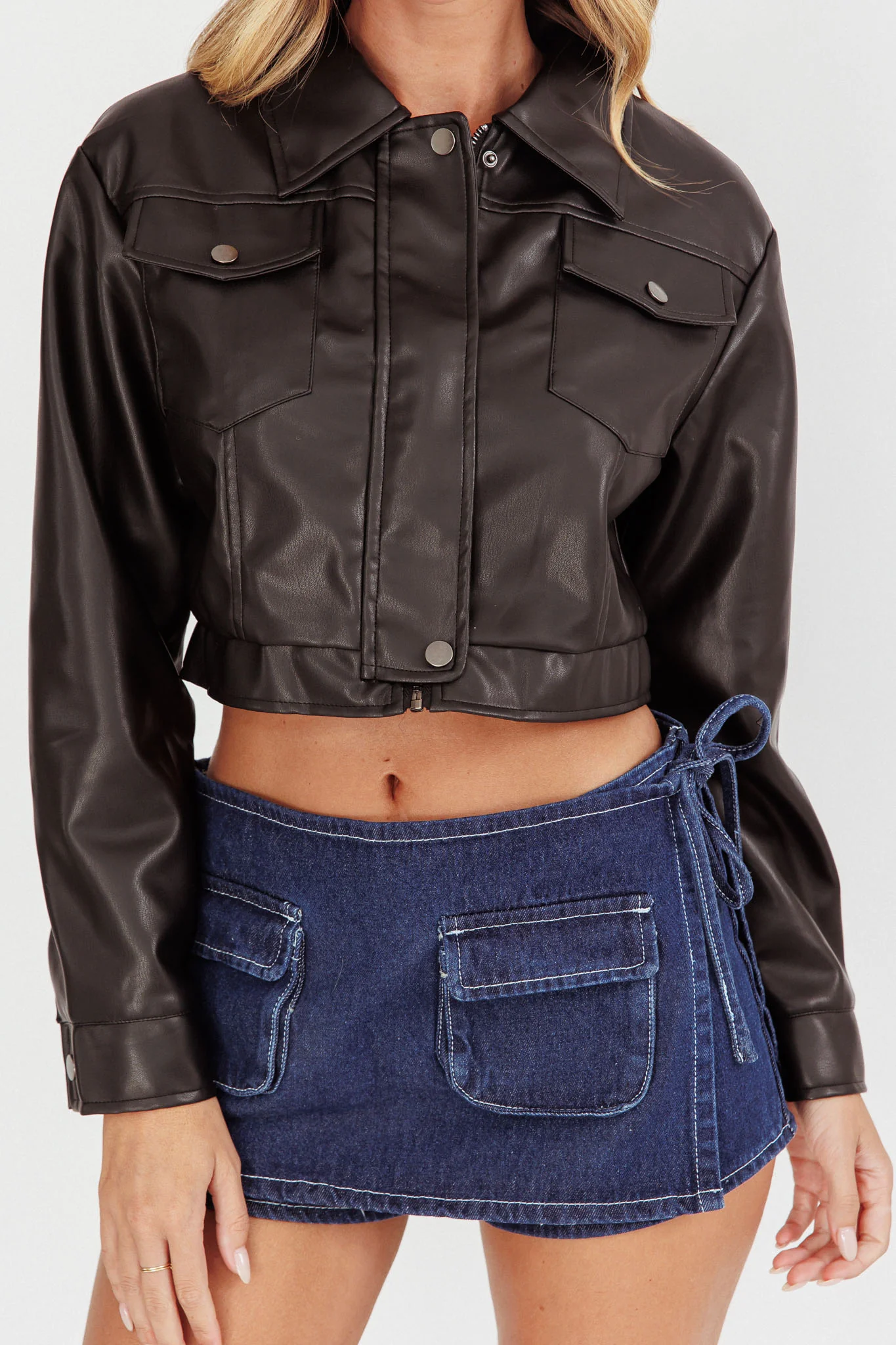 Navigator Snap Button Faux Leather Jacket Black - Image 4