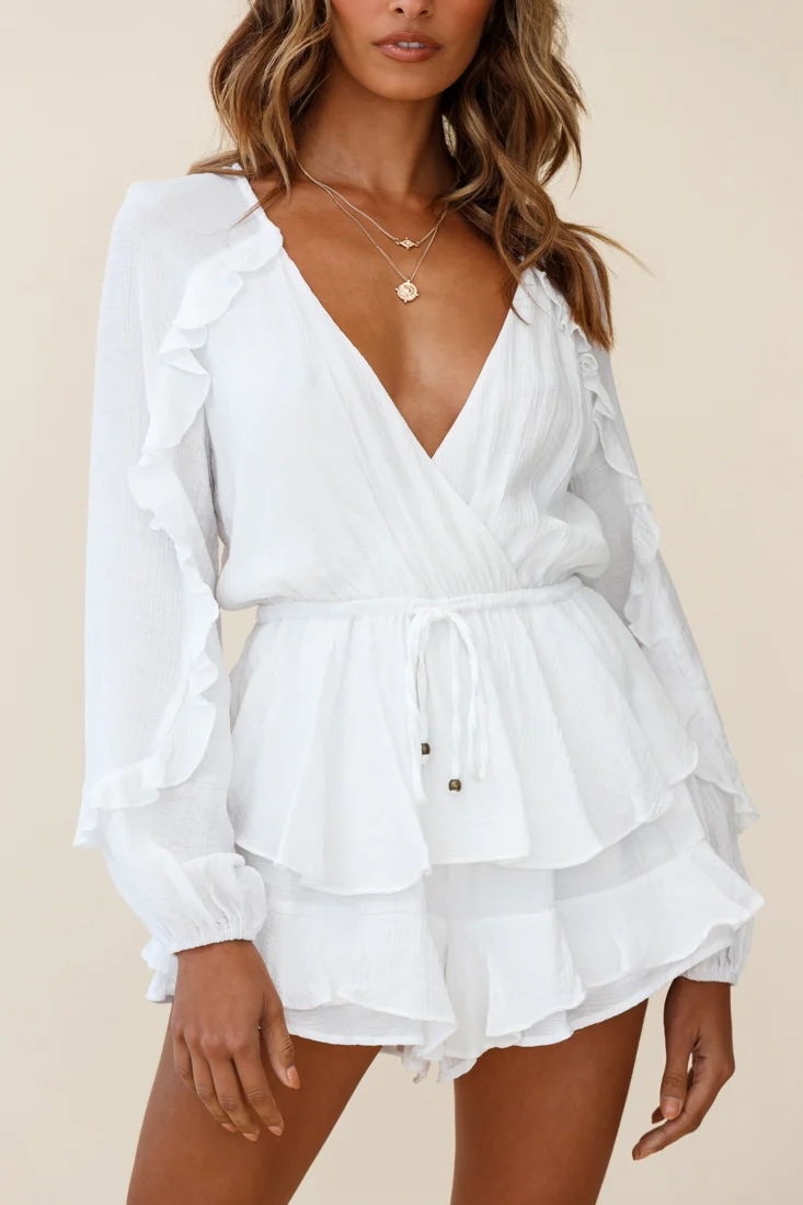 Nebula Long Sleeve Layered Ruffle Romper White - Image 4