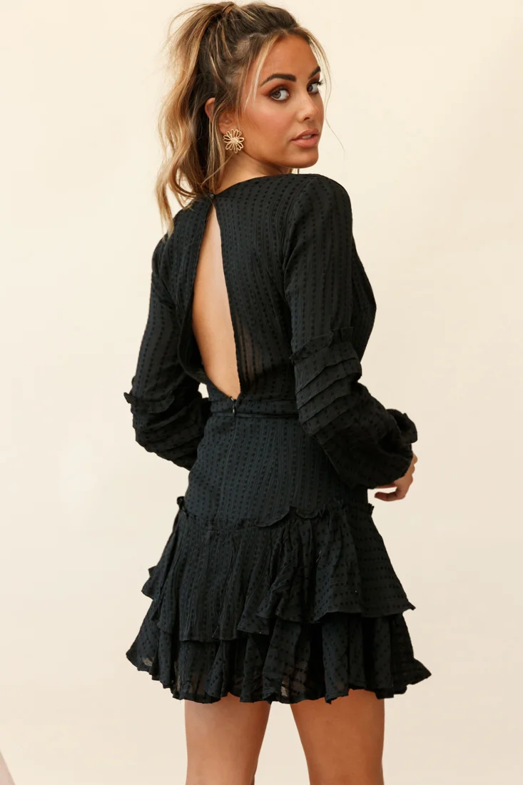 Neve Balloon Sleeve Layered Ruffle Hem Dress Black - Image 6