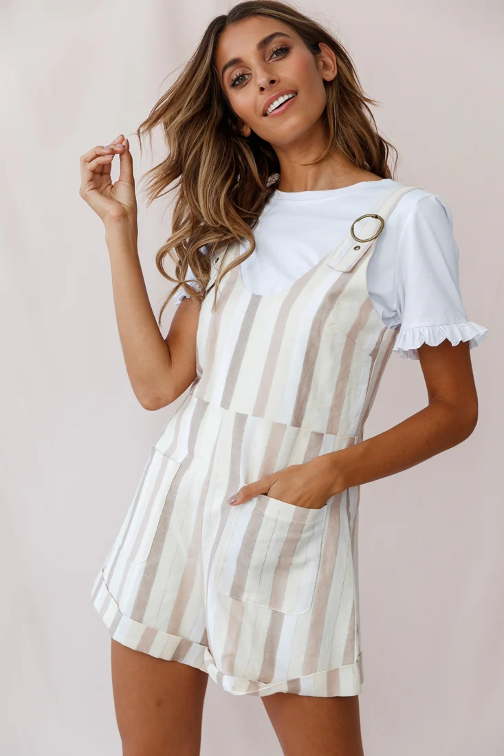 Neverland Buckle Strap Overalls Romper Stripe Print Beige - Image 6