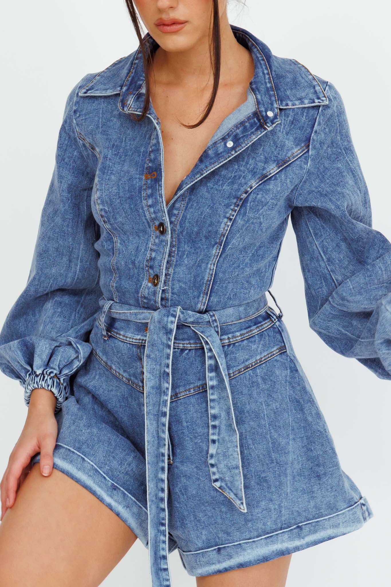 New Day Long Sleeve Button-Up Romper Denim - Image 4