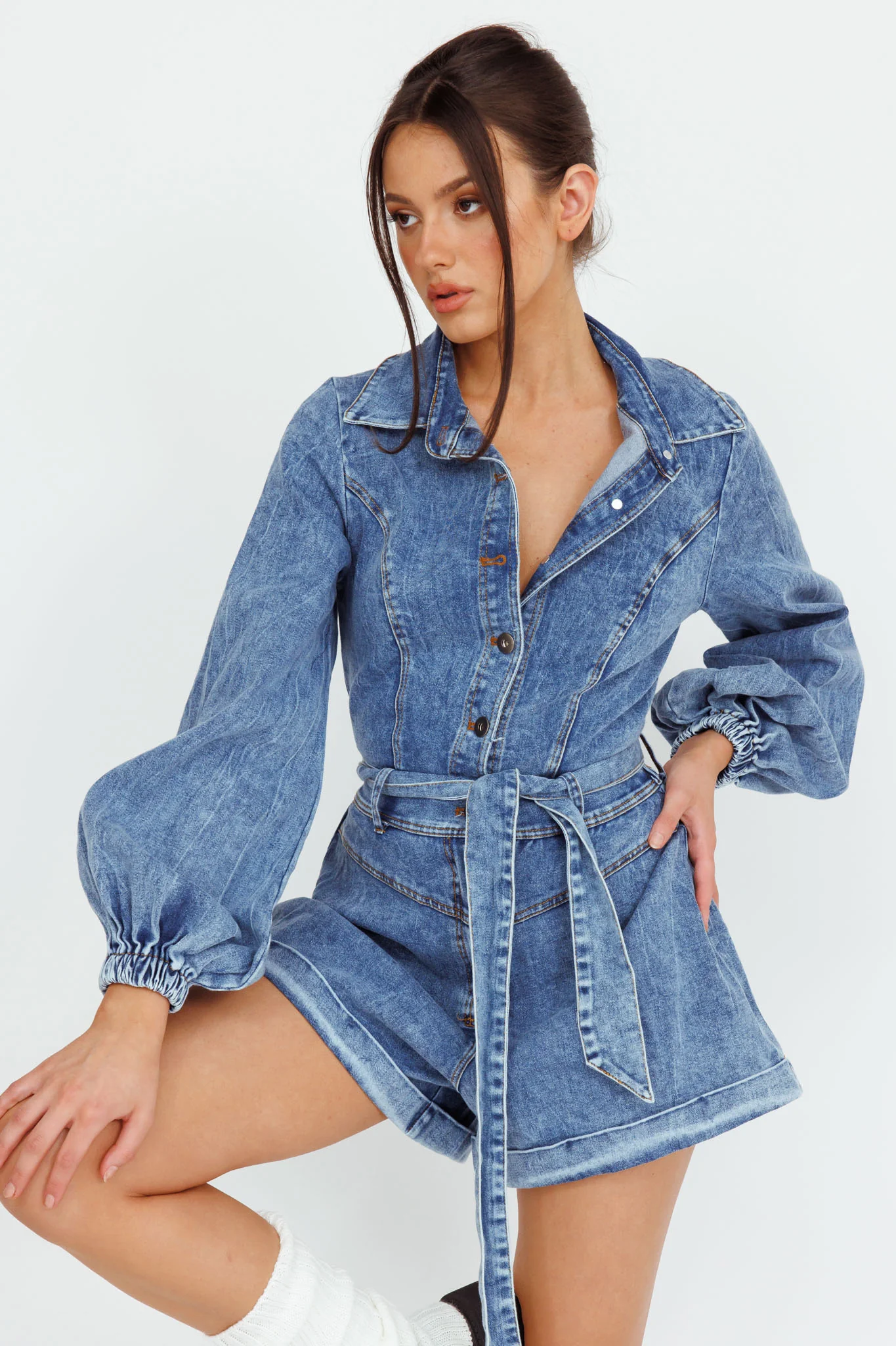 New Day Long Sleeve Button-Up Romper Denim - Image 5