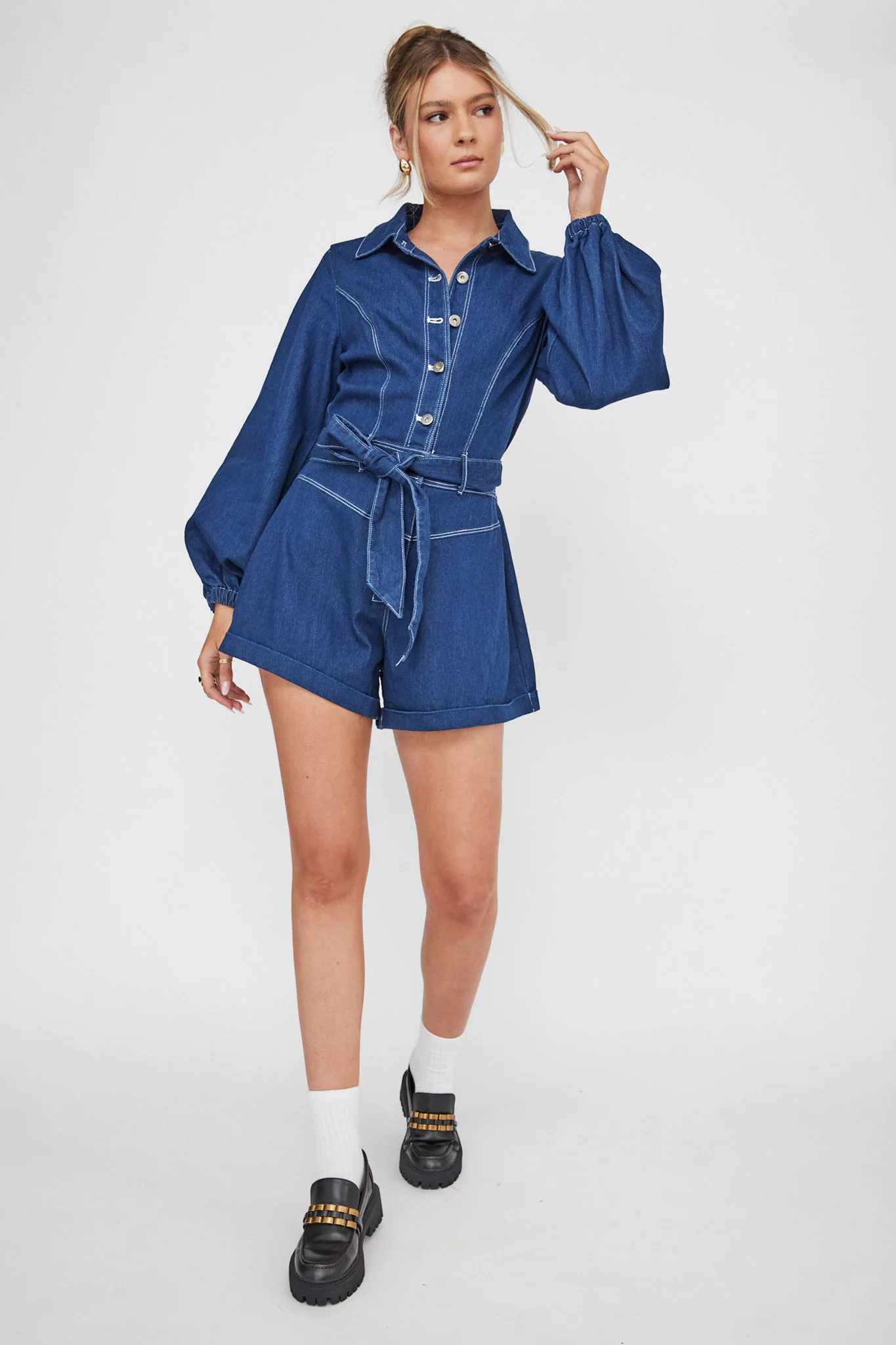 New Day Long Sleeve Button-Up Romper Indigo - Image 6