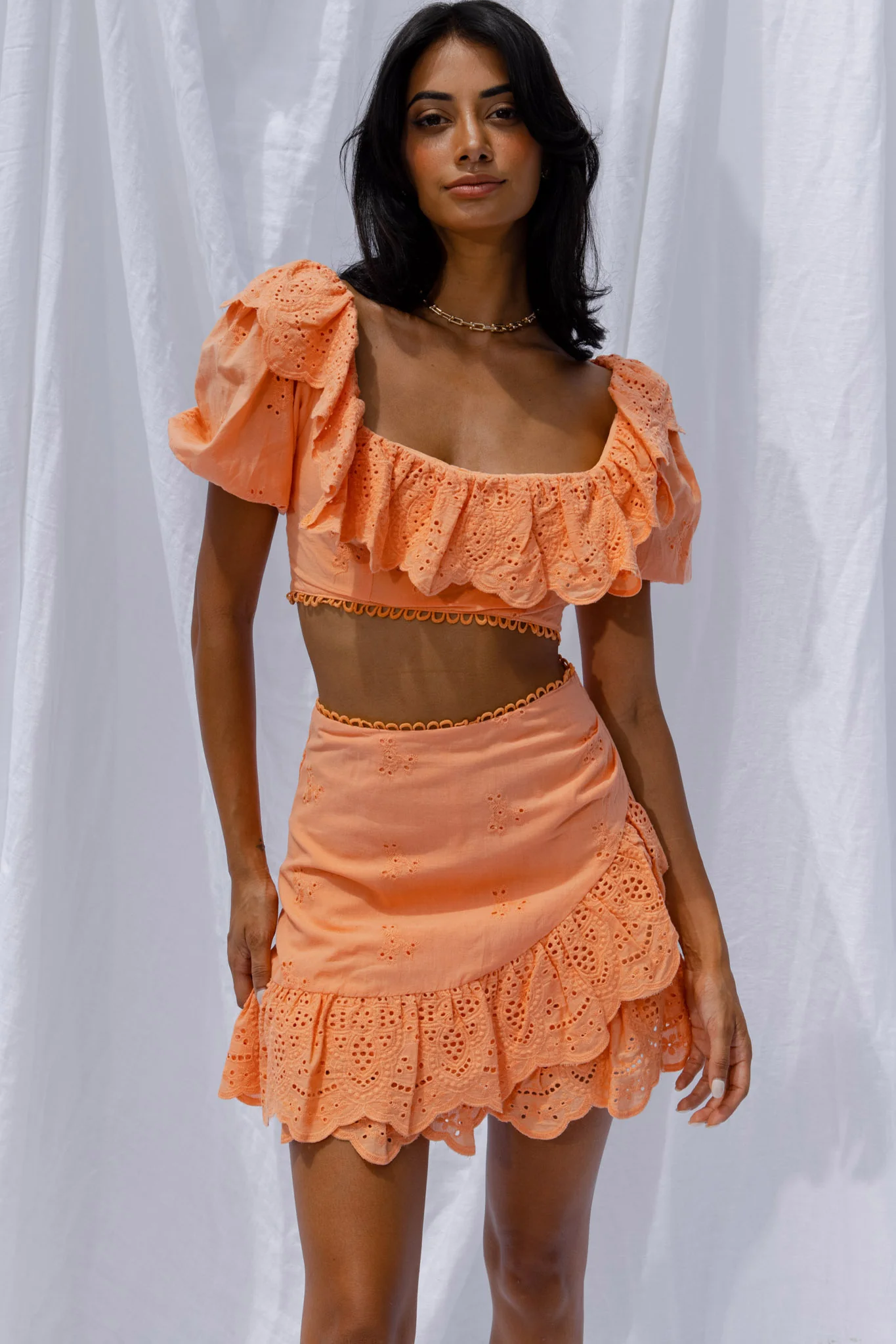 New Moon Scalloped Ruffle Trim Eyelet Skirt Orange - Image 7