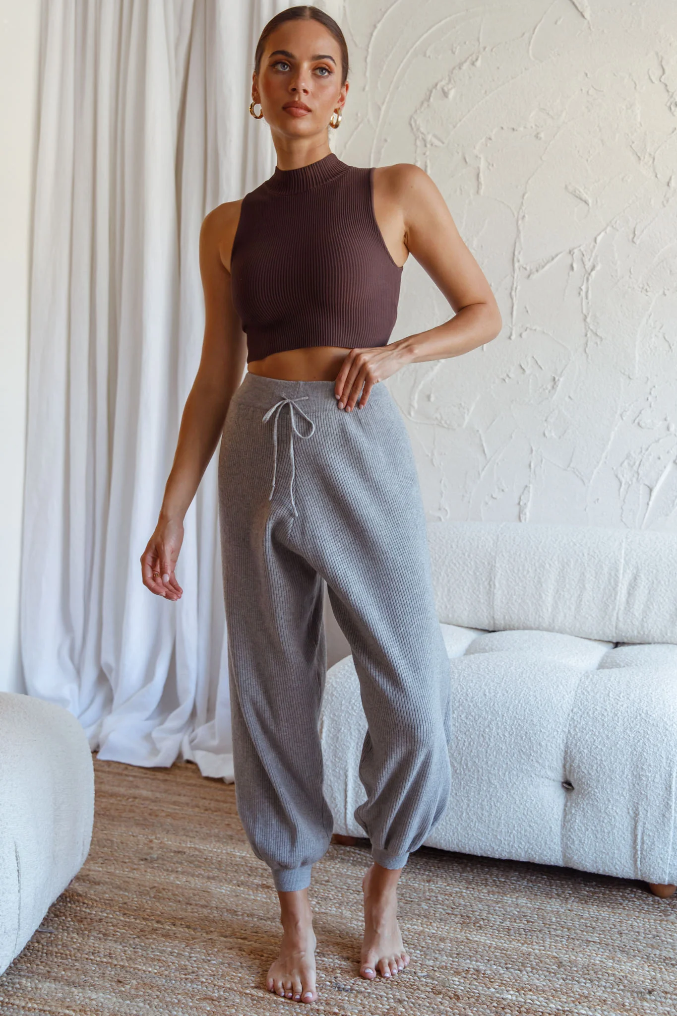 New Soul Drawstring Ribbed Knit Jogger Pants Grey Marle - Image 5