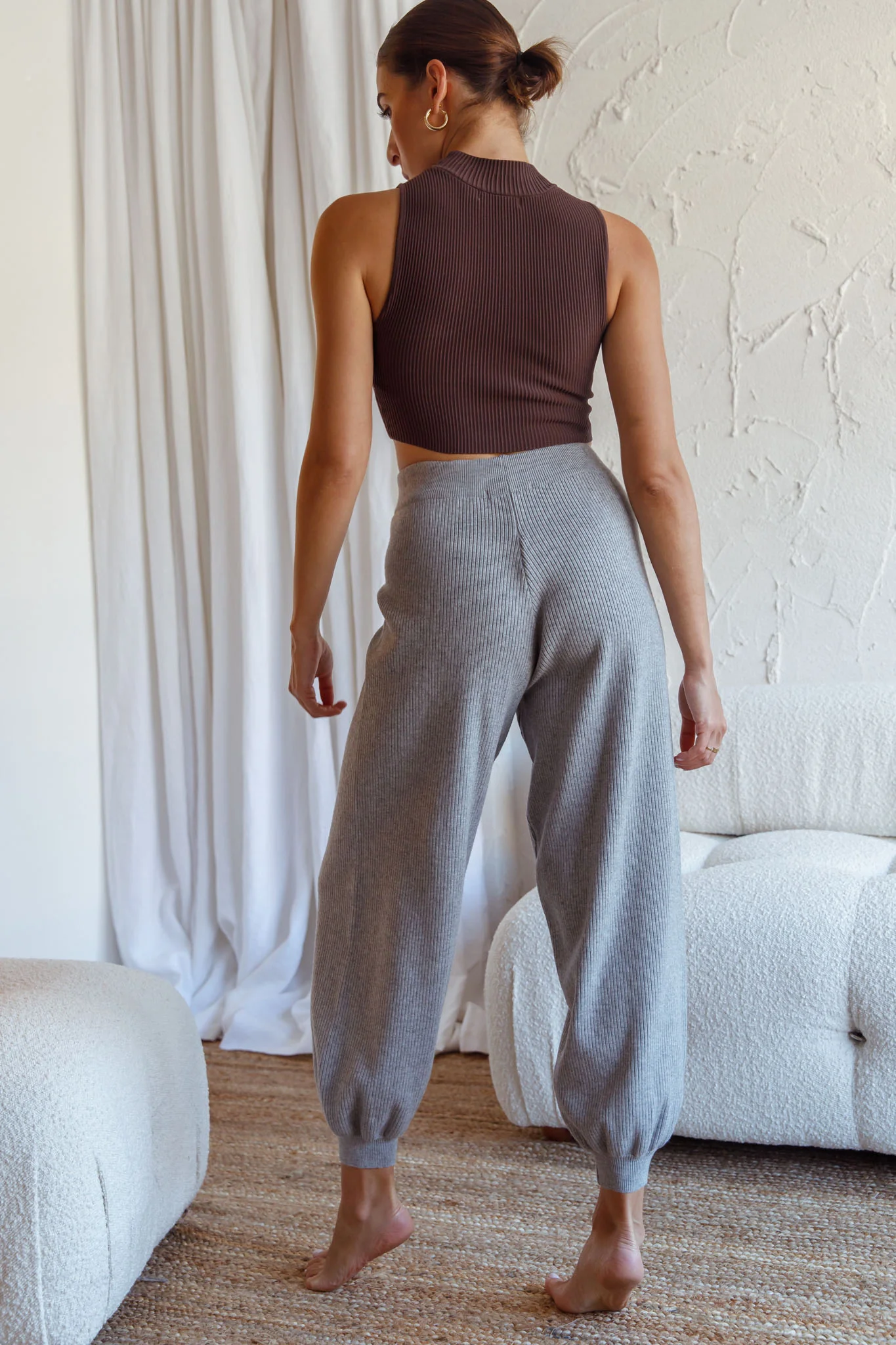 New Soul Drawstring Ribbed Knit Jogger Pants Grey Marle - Image 6
