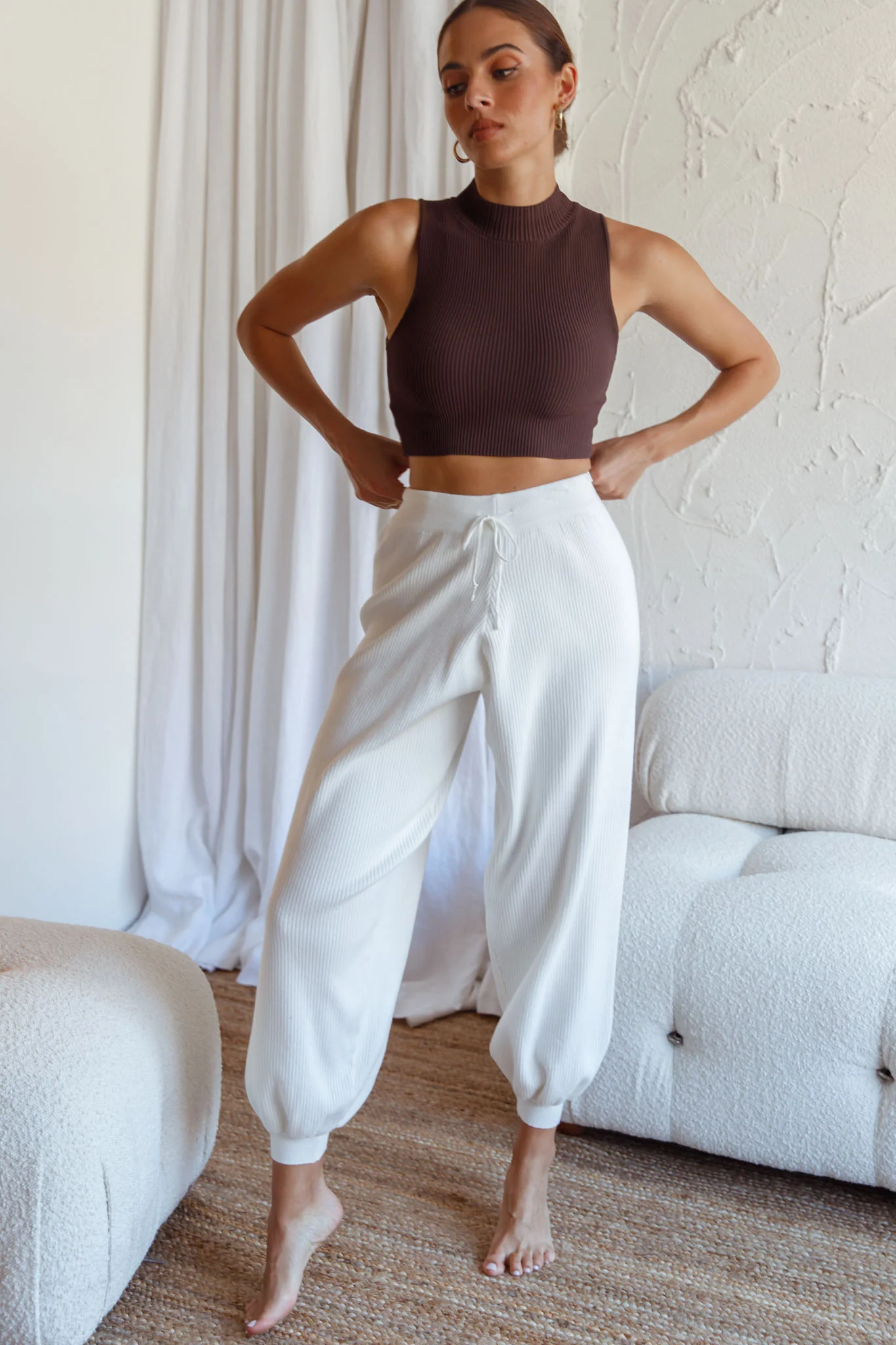 New Soul Drawstring Ribbed Knit Jogger Pants White - Image 5
