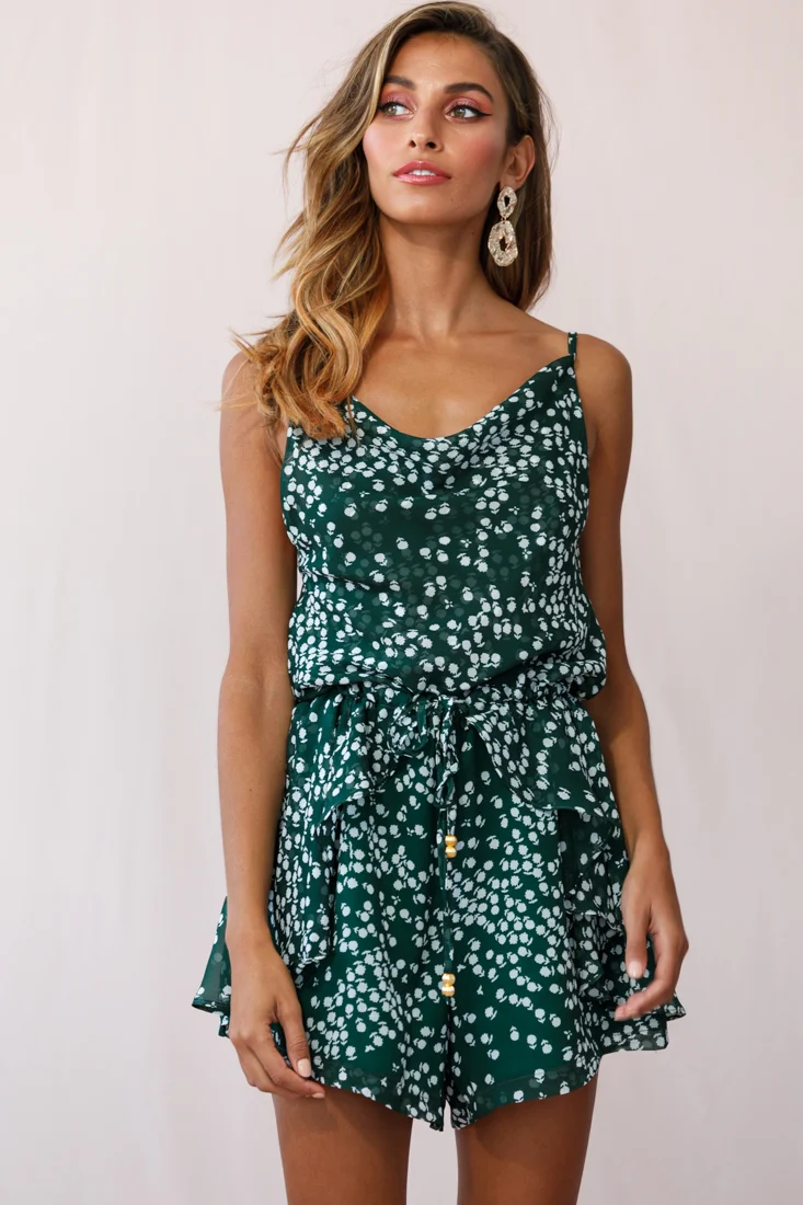 Newport Cowl Neck Drawstring Waist Floral Print Romper Forest Green - Image 3