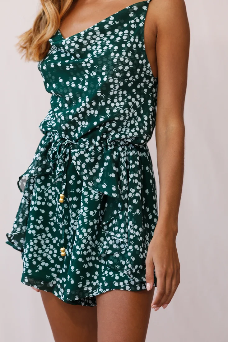 Newport Cowl Neck Drawstring Waist Floral Print Romper Forest Green - Image 5