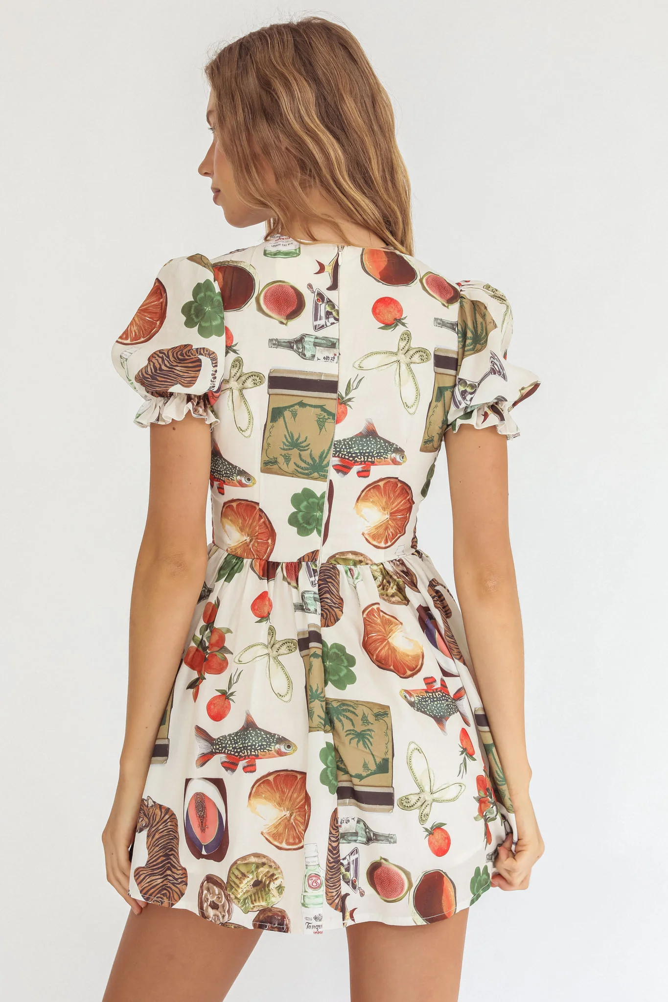 Nia Shirred Puff Sleeve Mini Dress Exotic Print Beige - Image 2