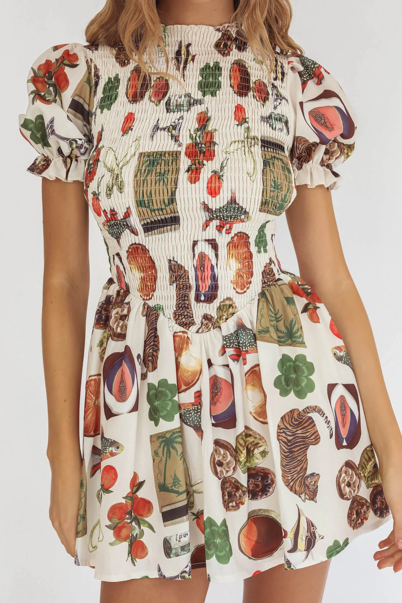 Nia Shirred Puff Sleeve Mini Dress Exotic Print Beige - Image 3