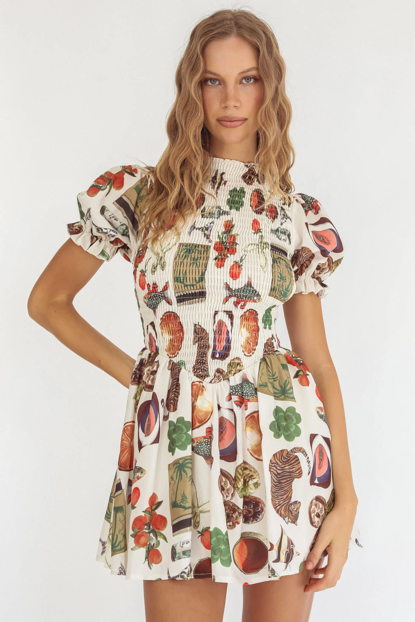 Nia Shirred Puff Sleeve Mini Dress Exotic Print Beige - Image 5