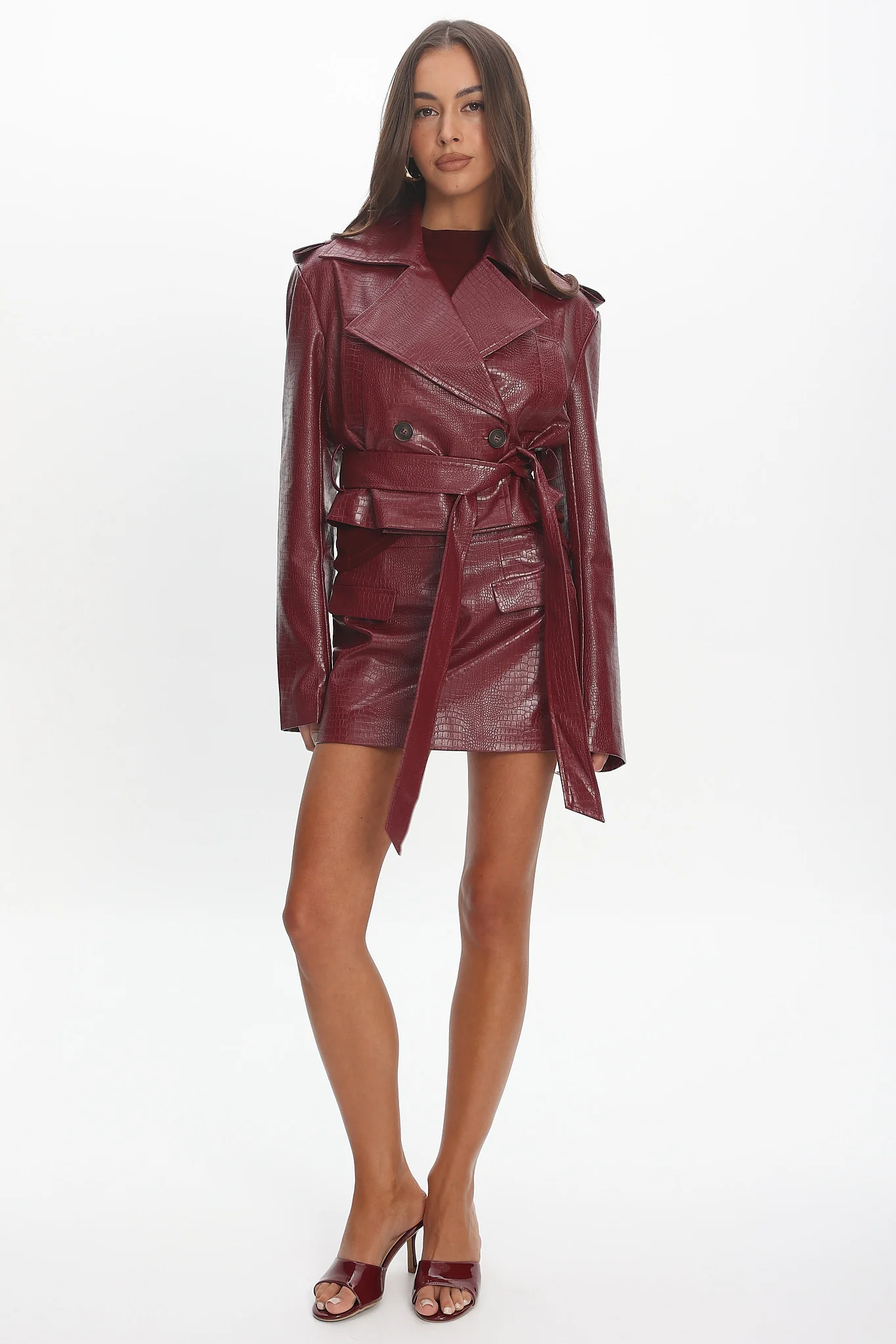 Nial Faux Leather Crop Jacket Burgundy - Image 5