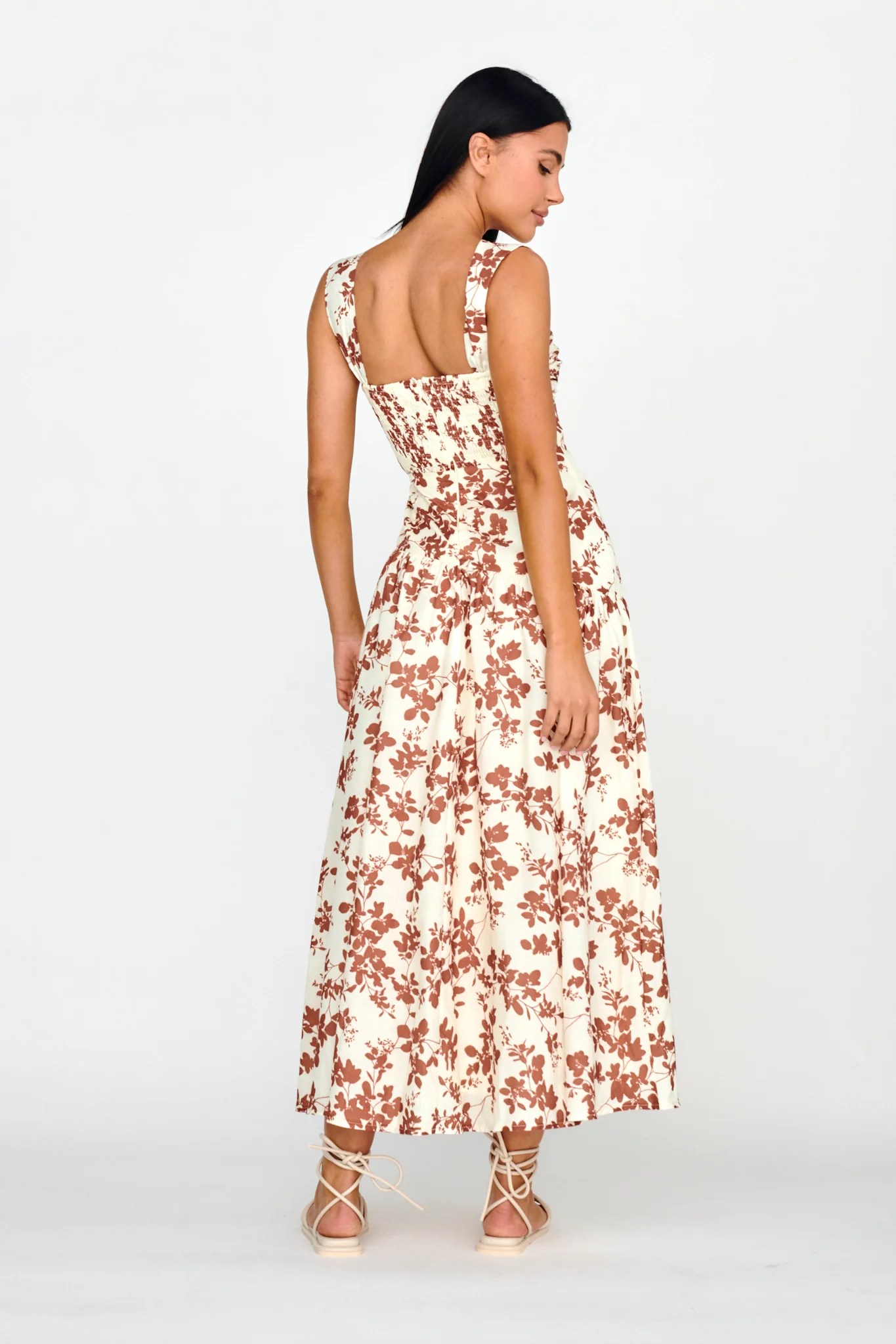 Nichola Ruched Bust Midi Dress Floral Brown - Image 2