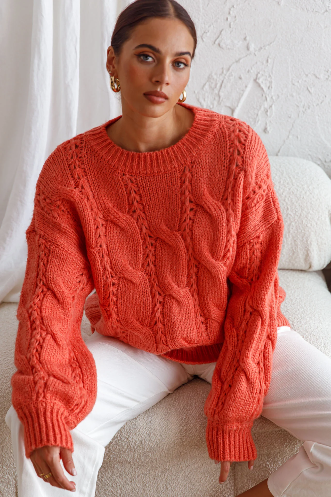 Nicola Long Sleeve Chunky Cable Knit Sweater Peach - Image 4